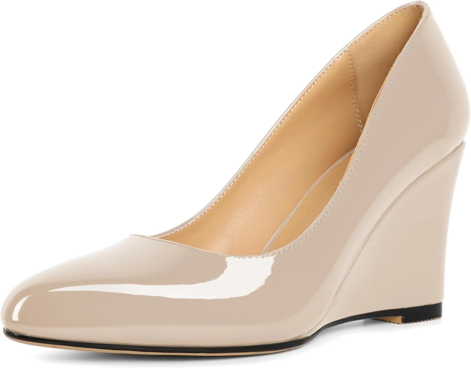 Soireelady Wedge Heel Pumps Round Closed Toe Slip On High Heel Wedges Comfortable Dress Shoes 3.5 Inches
