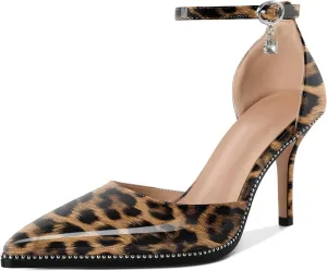 Soireelady Womens High Heels Beaded Pumps Stiletto Ankle Strap Pointed Toe D'Orsay Heel Dress Shoes Patent Leather 3.5 Inch