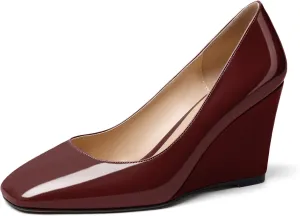 Soireelady Womens Square Toe Wedges High Heel Pumps Slip On Wedge Heels Classic Wedge Pumps Patent Leather Elegant Dressy Daily Shoes