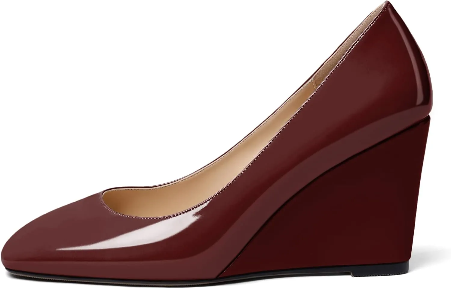 Soireelady Womens Square Toe Wedges High Heel Pumps Slip On Wedge Heels Classic Wedge Pumps Patent Leather Elegant Dressy Daily Shoes