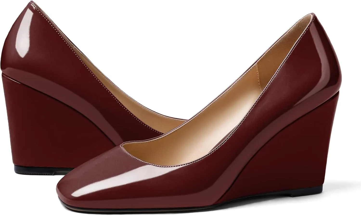 Soireelady Womens Square Toe Wedges High Heel Pumps Slip On Wedge Heels Classic Wedge Pumps Patent Leather Elegant Dressy Daily Shoes