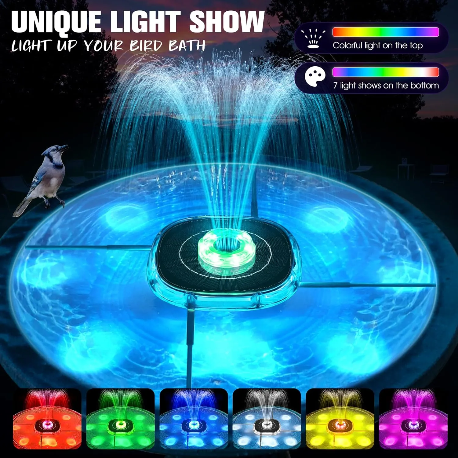 Solar Fountains with Lights, 2025 Upgrade Solar Bird Bath Fountain Pump, Floating Solar Powered Water Fountain Outdoor, 4000mAh Battery Solar Birdbath Fountains for Pool,Pond,Garden-Blue