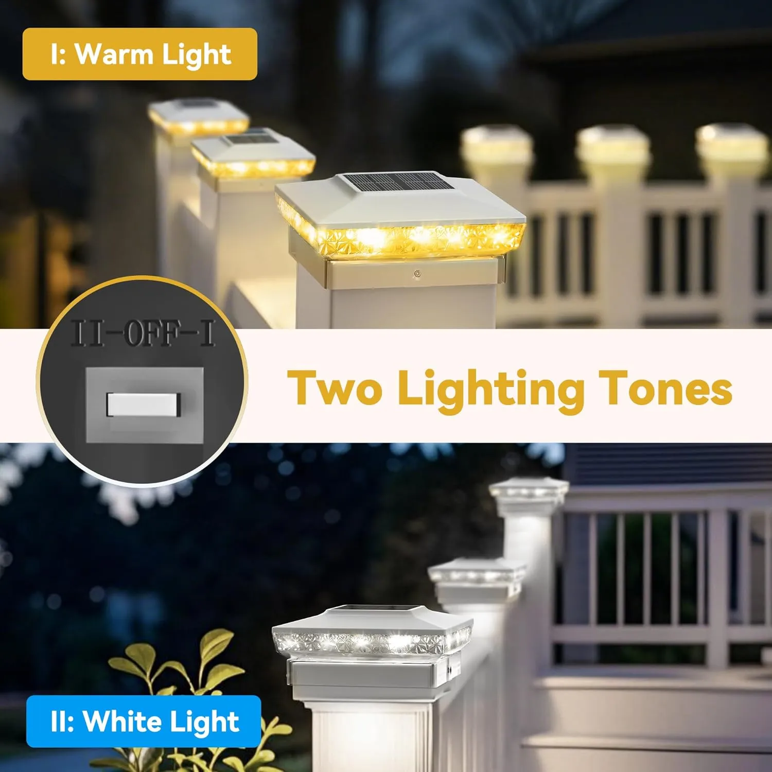 Solar Post Cap Lights, 12-Pack Upgraded Outdoor Deck Fence Post Solar Lights for 4x4 5x5 Wood/Vinyl Posts, IP65 Waterproof, 10-12 Hours Warm/Cool White Glow for Garden/Patio/Porch - White