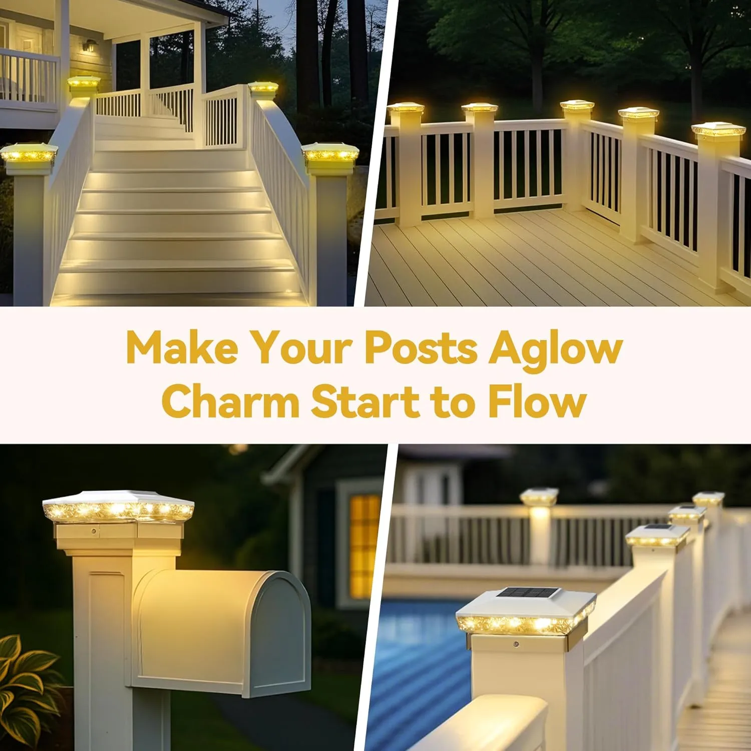 Solar Post Cap Lights, 12-Pack Upgraded Outdoor Deck Fence Post Solar Lights for 4x4 5x5 Wood/Vinyl Posts, IP65 Waterproof, 10-12 Hours Warm/Cool White Glow for Garden/Patio/Porch - White