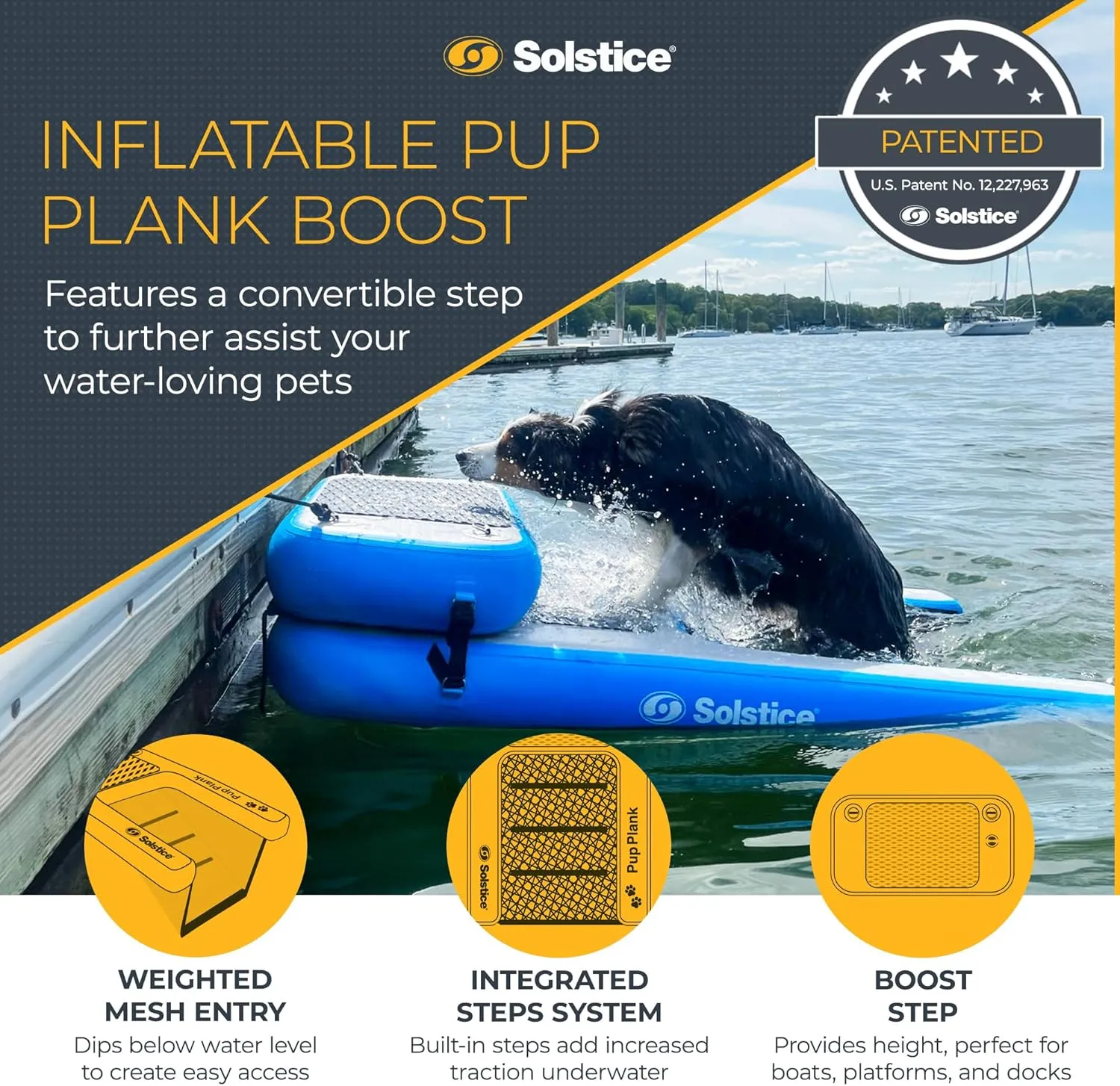 SOLSTICE Inflatable Pup Plank, Dog Water Ramp for Boats & Docks, Boost Step, 220 lb Capacity - Floating Platform for Pets for Lake, River, Beach & Swimming Pool, Includes Pump, Patent-Protected Design