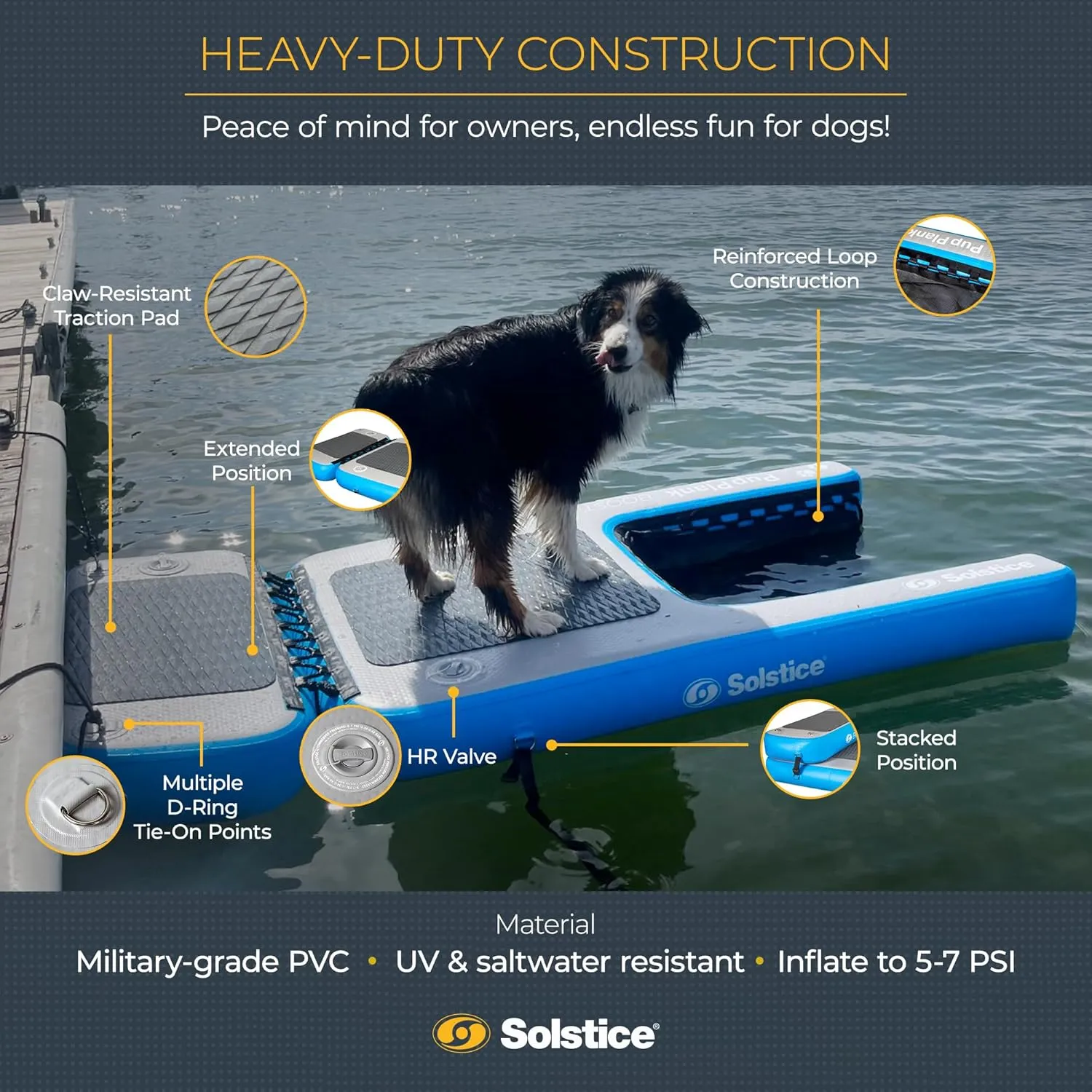 SOLSTICE Inflatable Pup Plank, Dog Water Ramp for Boats & Docks, Boost Step, 220 lb Capacity - Floating Platform for Pets for Lake, River, Beach & Swimming Pool, Includes Pump, Patent-Protected Design