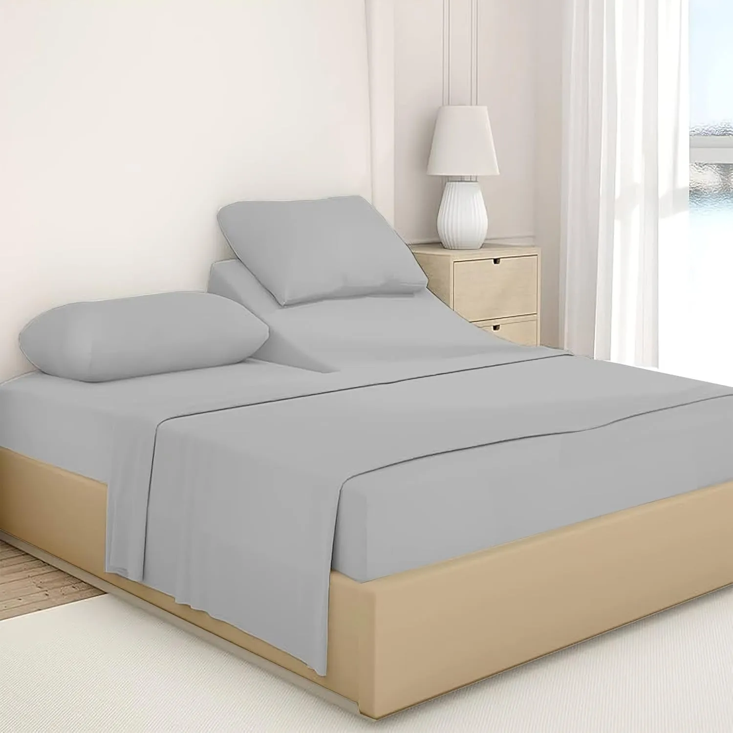 Split Top King Sheets Sets for Adjustable Beds - 600 Thread Count, 100% Egyptian Cotton Split Head King Sheets - 34 inch Down Flex Head King Split Sheet Set for Sleep Number Bed - 4 Piece (Light Grey)