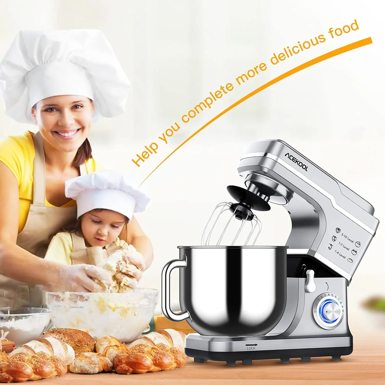 Stand Mixer 7.5QT 10-Speed 660W Tilt-Head Kitchen Electric Food Cake Mixer with Stainless Steel Bowl, Whisk, Dough Hook, Beater & Splash Guard, Silver