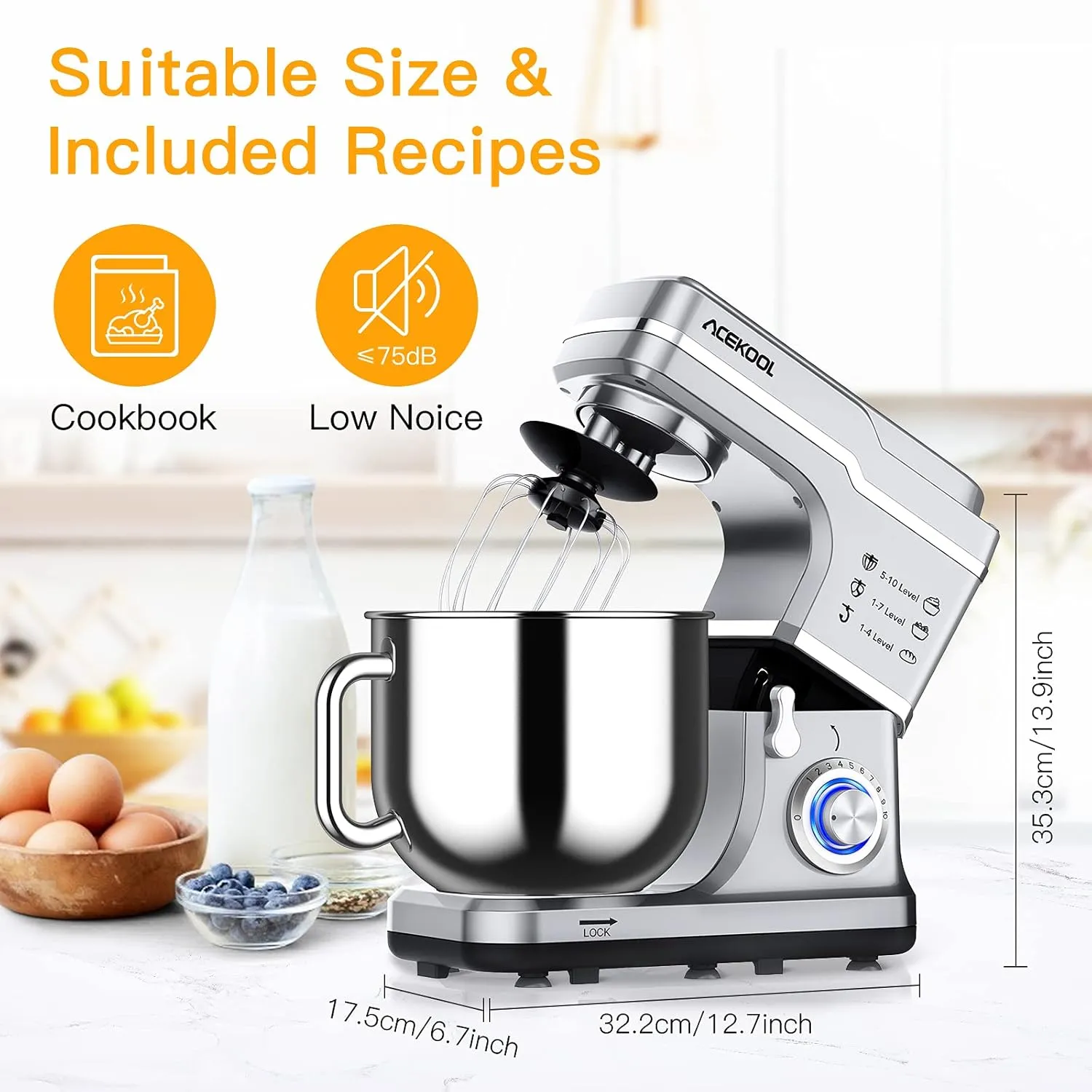 Stand Mixer 7.5QT 10-Speed 660W Tilt-Head Kitchen Electric Food Cake Mixer with Stainless Steel Bowl, Whisk, Dough Hook, Beater & Splash Guard, Silver