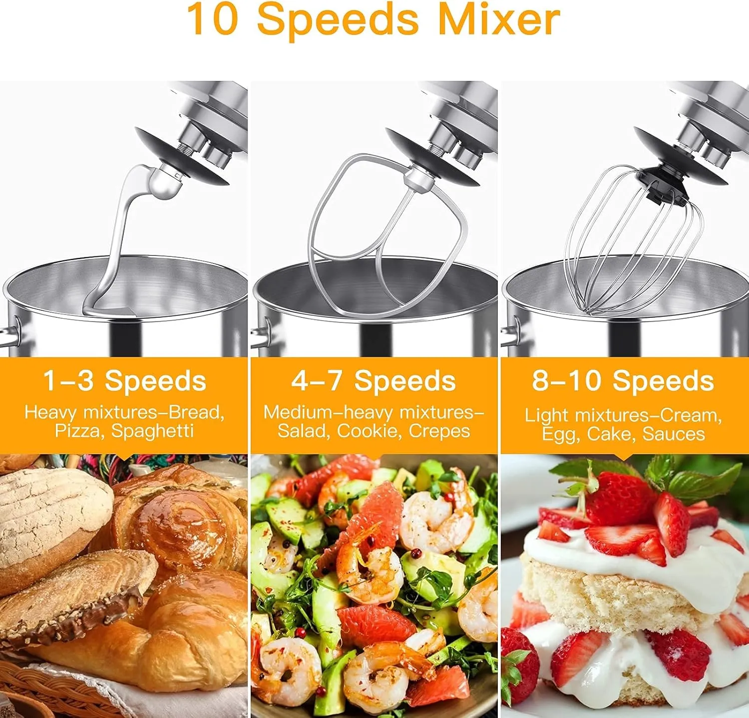 Stand Mixer 7.5QT 10-Speed 660W Tilt-Head Kitchen Electric Food Cake Mixer with Stainless Steel Bowl, Whisk, Dough Hook, Beater & Splash Guard, Silver