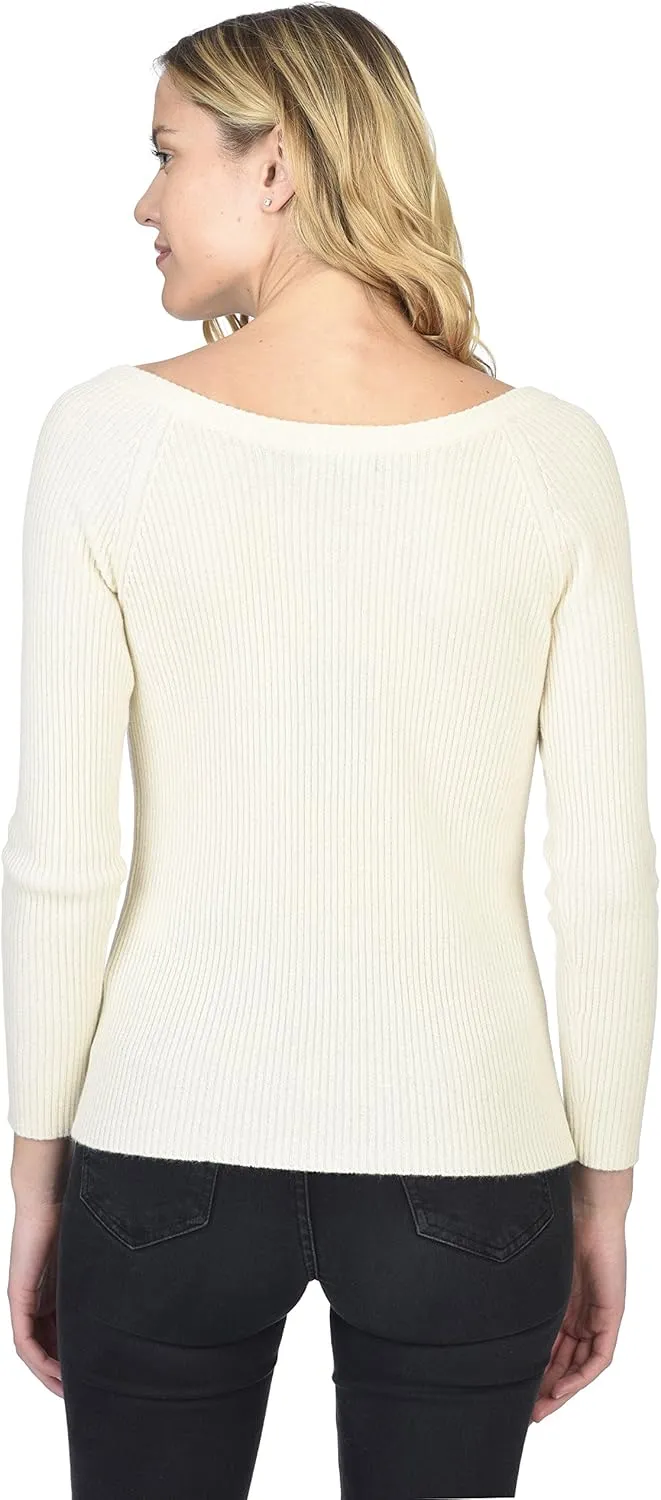 State Cashmere Women’s Easy V-Neck Ribbed Sweater 100% Pure Cashmere 3/4 Sleeve Pullover