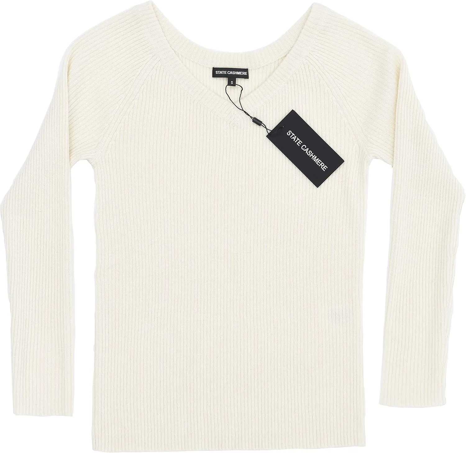 State Cashmere Women’s Easy V-Neck Ribbed Sweater 100% Pure Cashmere 3/4 Sleeve Pullover