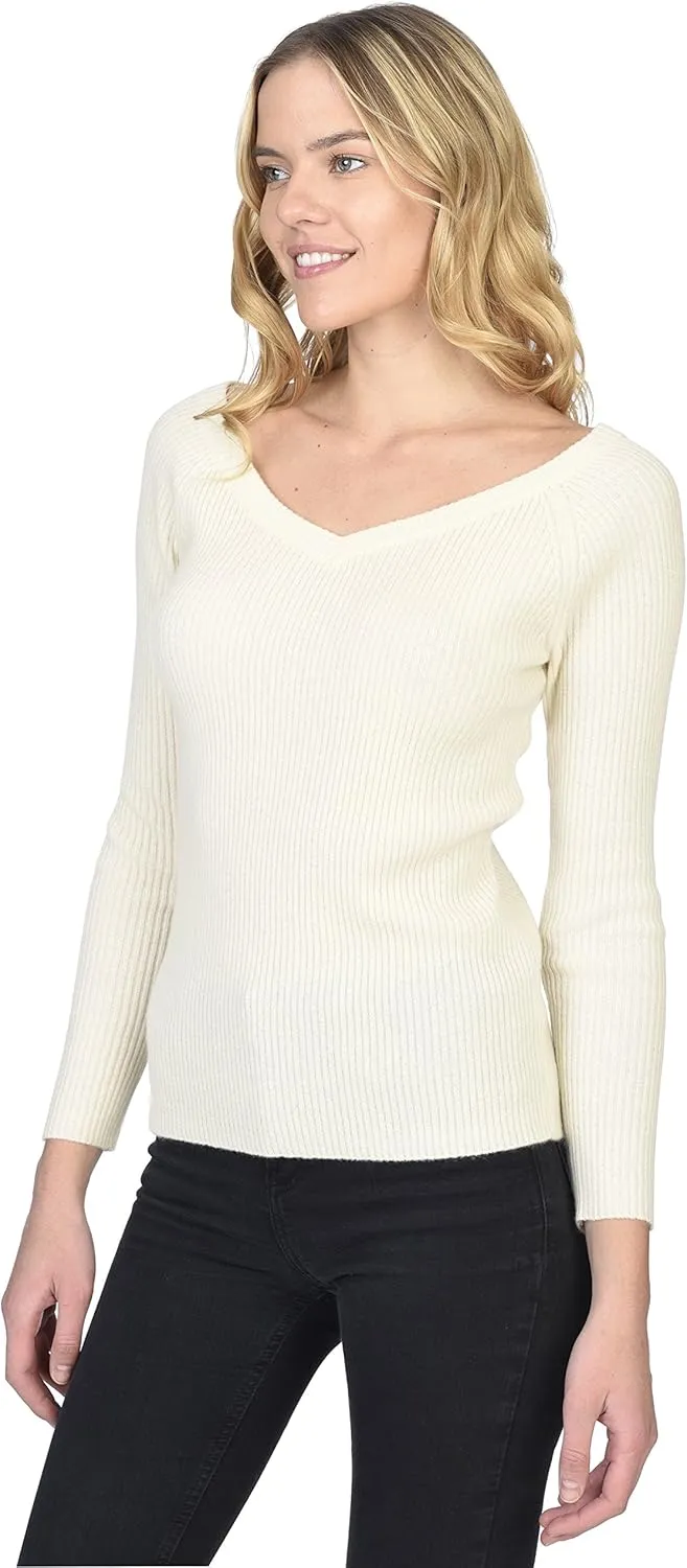 State Cashmere Women’s Easy V-Neck Ribbed Sweater 100% Pure Cashmere 3/4 Sleeve Pullover