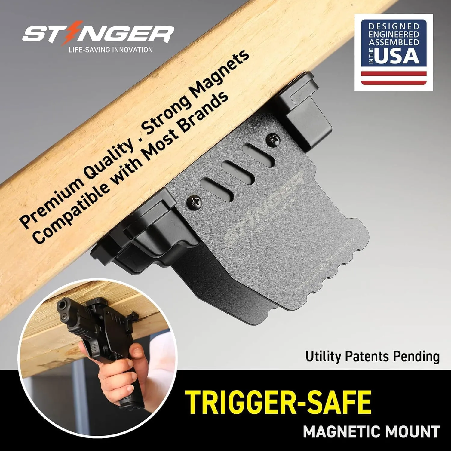Stinger Trigger Safe Gun Magnet Mount for Handgun Firearm, car Holsters for Pistols, Gun Magnet, Car Gun Mount, Car Gun Holster, Magnetic Gun Mount, USA Utility Patent Pending