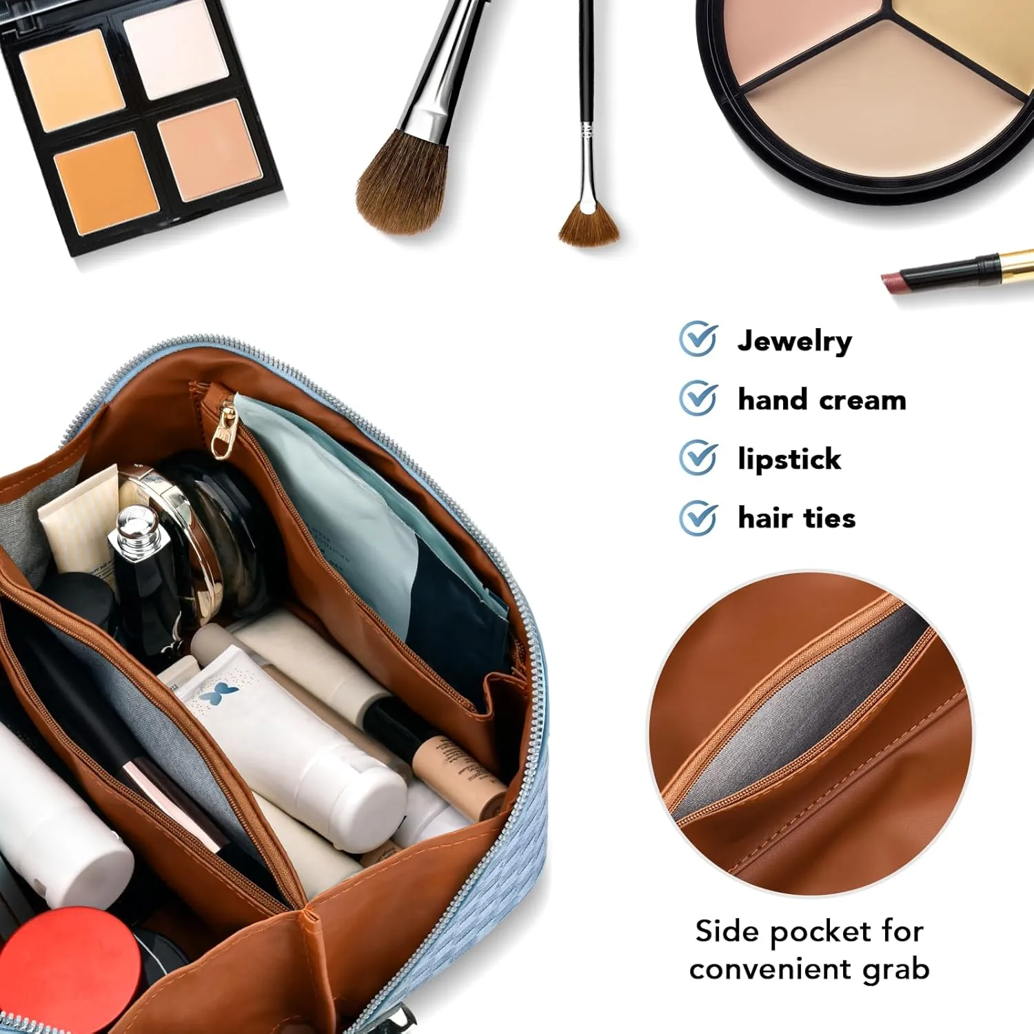 stona Travel Makeup Bag for Women, Large Capacity PU Leather Waterproof Checkered Cosmetic Bags, Portable Pouch Open Flat Toiletry Bag, Make up Organizer with Divider and Handle, Light Blue