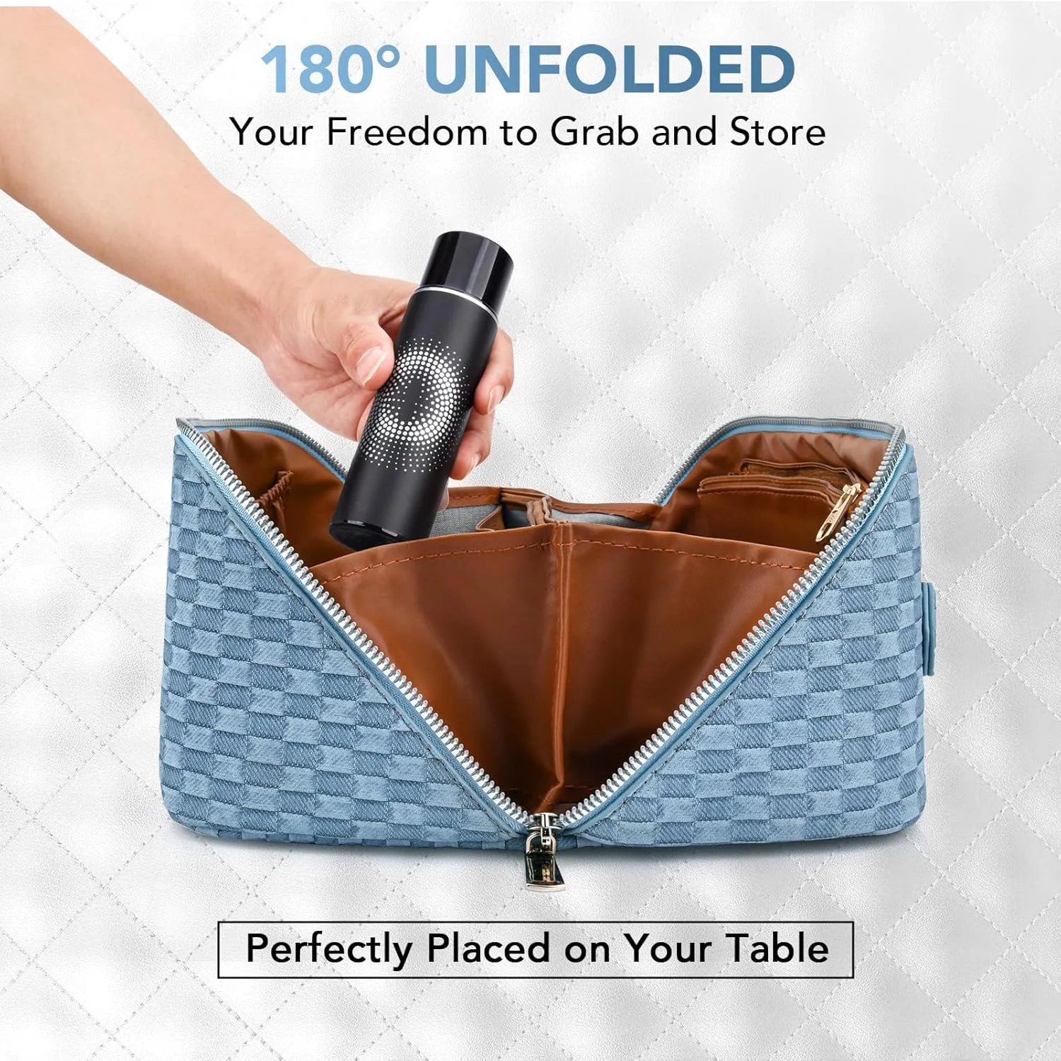 stona Travel Makeup Bag for Women, Large Capacity PU Leather Waterproof Checkered Cosmetic Bags, Portable Pouch Open Flat Toiletry Bag, Make up Organizer with Divider and Handle, Light Blue