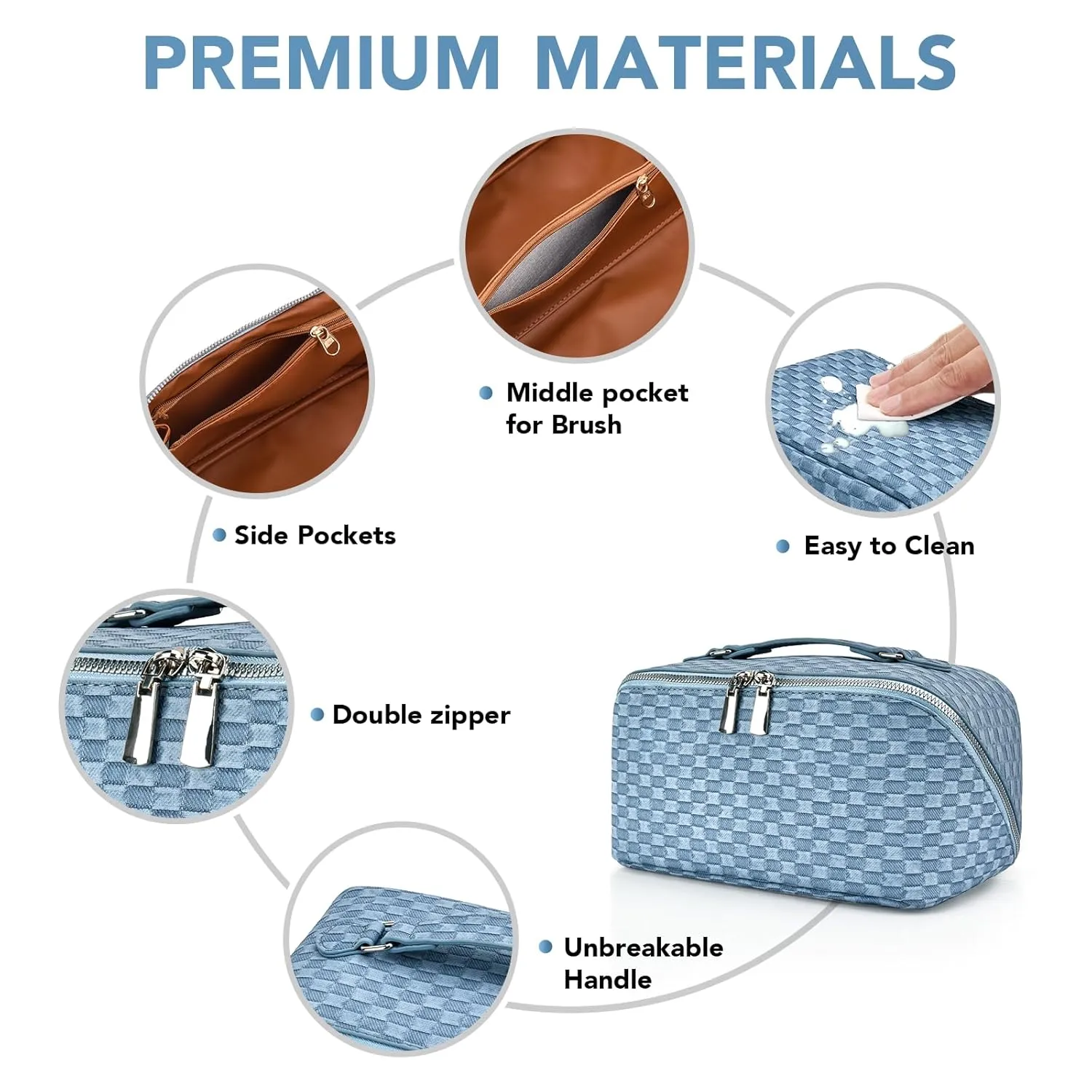 stona Travel Makeup Bag for Women, Large Capacity PU Leather Waterproof Checkered Cosmetic Bags, Portable Pouch Open Flat Toiletry Bag, Make up Organizer with Divider and Handle, Light Blue