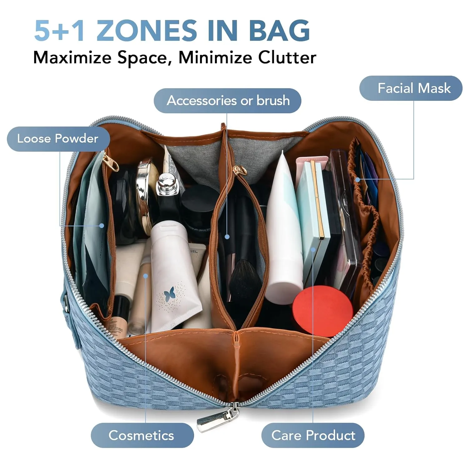 stona Travel Makeup Bag for Women, Large Capacity PU Leather Waterproof Checkered Cosmetic Bags, Portable Pouch Open Flat Toiletry Bag, Make up Organizer with Divider and Handle, Light Blue