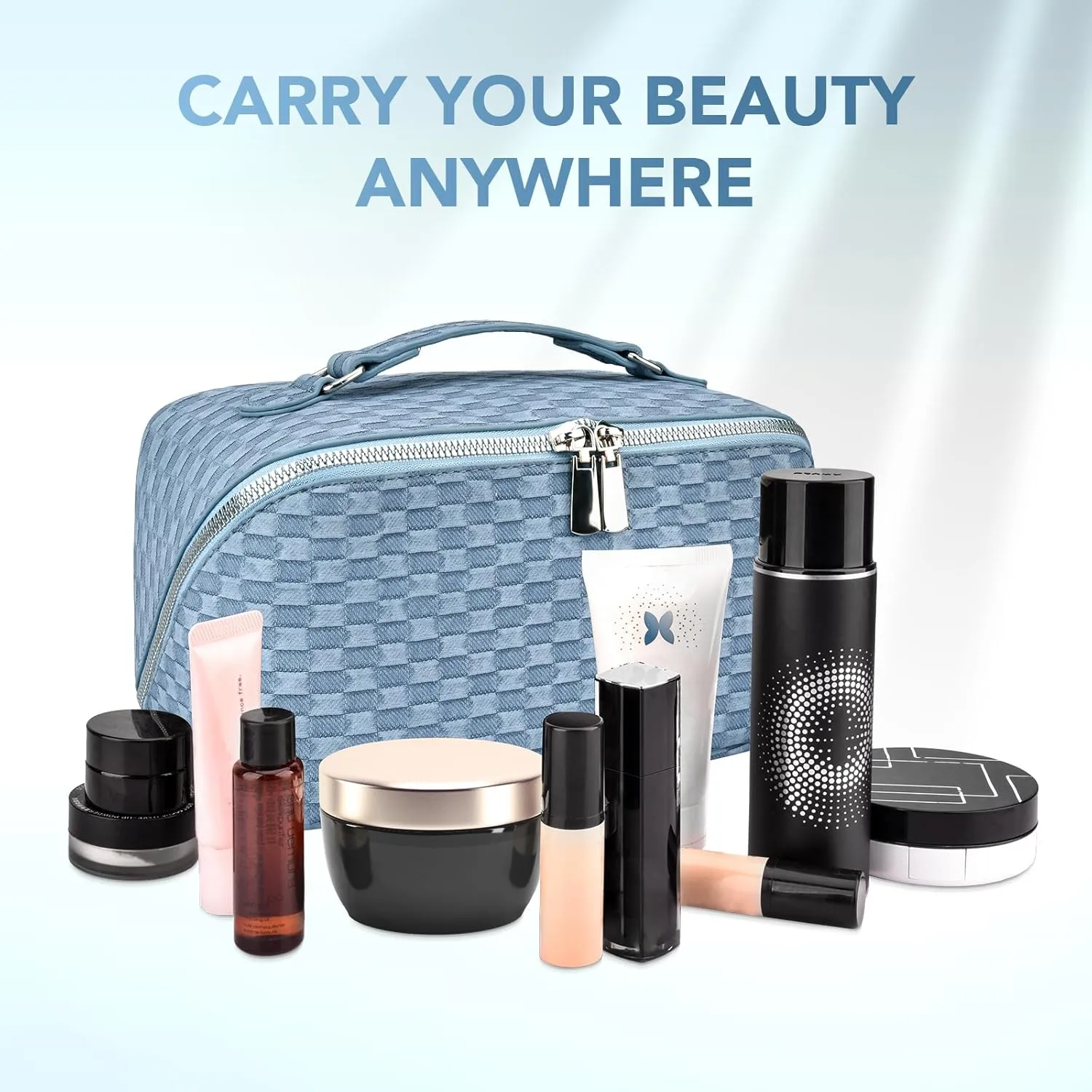 stona Travel Makeup Bag for Women, Large Capacity PU Leather Waterproof Checkered Cosmetic Bags, Portable Pouch Open Flat Toiletry Bag, Make up Organizer with Divider and Handle, Light Blue