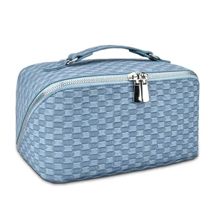 stona Travel Makeup Bag for Women, Large Capacity PU Leather Waterproof Checkered Cosmetic Bags, Portable Pouch Open Flat Toiletry Bag, Make up Organizer with Divider and Handle, Light Blue