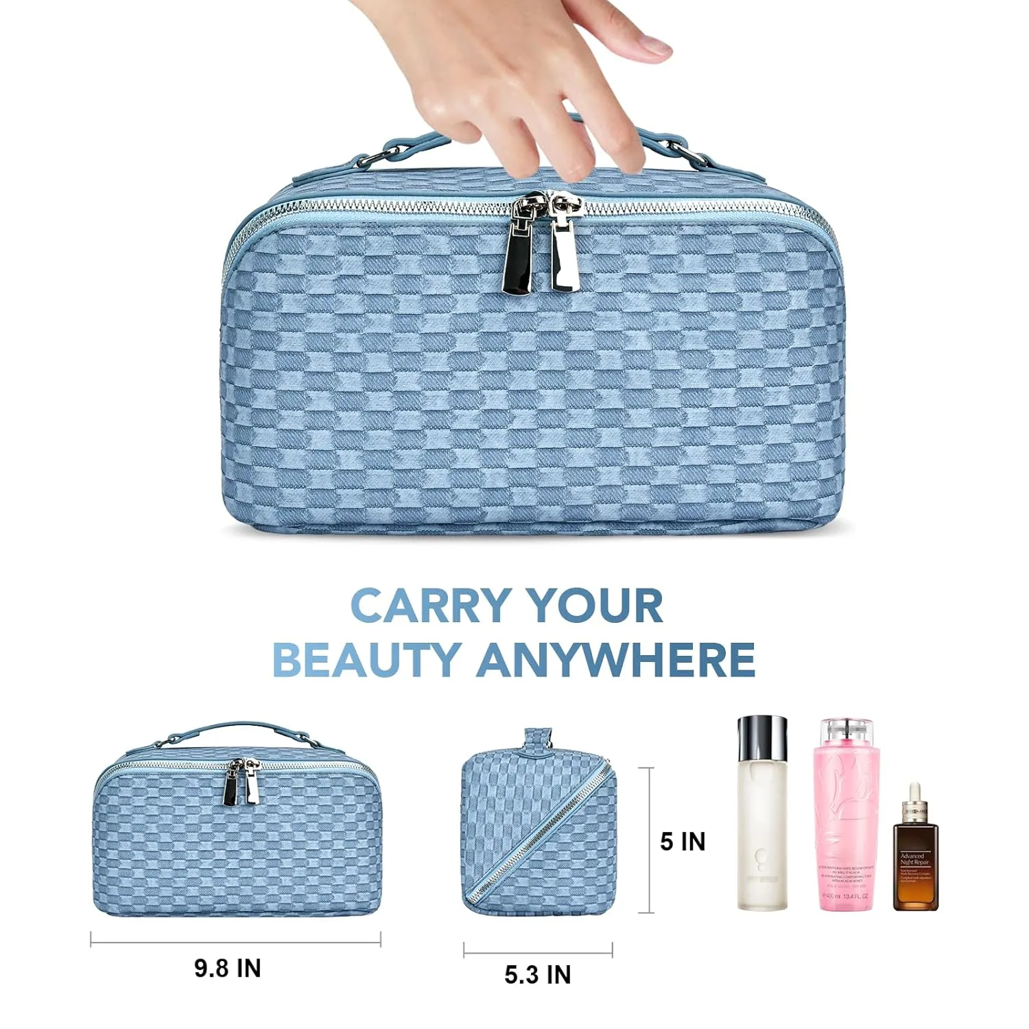 stona Travel Makeup Bag for Women, Large Capacity PU Leather Waterproof Checkered Cosmetic Bags, Portable Pouch Open Flat Toiletry Bag, Make up Organizer with Divider and Handle, Light Blue