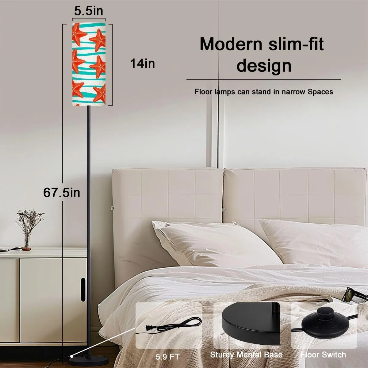 Summer Seamless sea Stars Striped Starfish Flat Style Marine Cartoon Modern Floor Lamp Minimalist Standing Lamps for Living Room LED Corner Lamp Remote Control Metal Pole Lamp for Bedroom, Reading