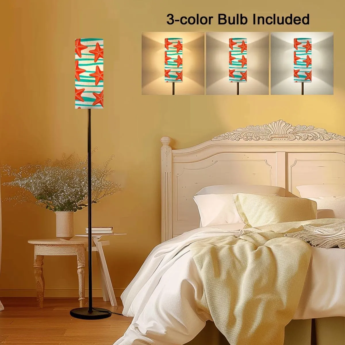 Summer Seamless sea Stars Striped Starfish Flat Style Marine Cartoon Modern Floor Lamp Minimalist Standing Lamps for Living Room LED Corner Lamp Remote Control Metal Pole Lamp for Bedroom, Reading