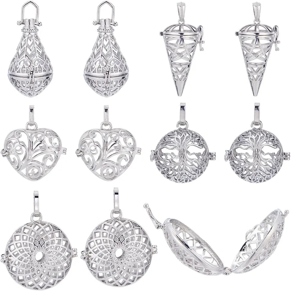 SUNNYCLUE 10Pcs Chime Ball Charm Brass Locket Cage Charms Crystal Necklace Holders Knot Cone Shaped Charm Pendants Openable Love Heart Locket Large Pendant for Jewelry Making