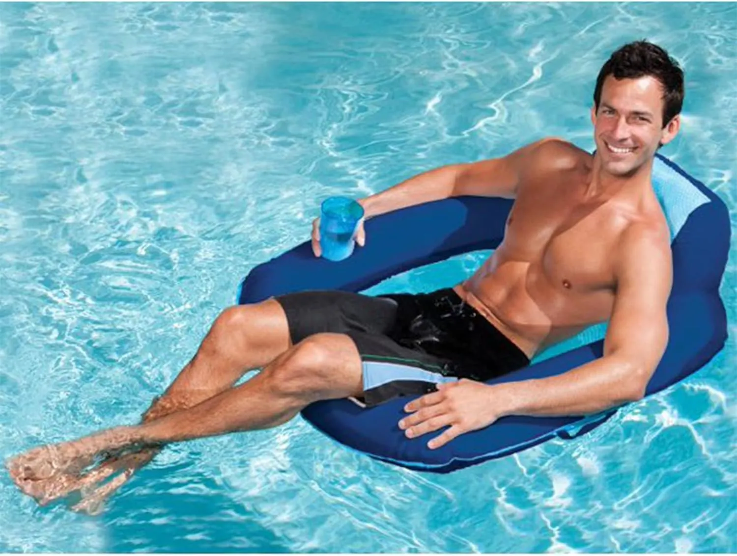 SwimWays Spring Float SunSeat Pool Lounge Chair, Inflatable Pool Floats Adult with Fast Inflation & Back Rest for Ages 15 & Up, Blue