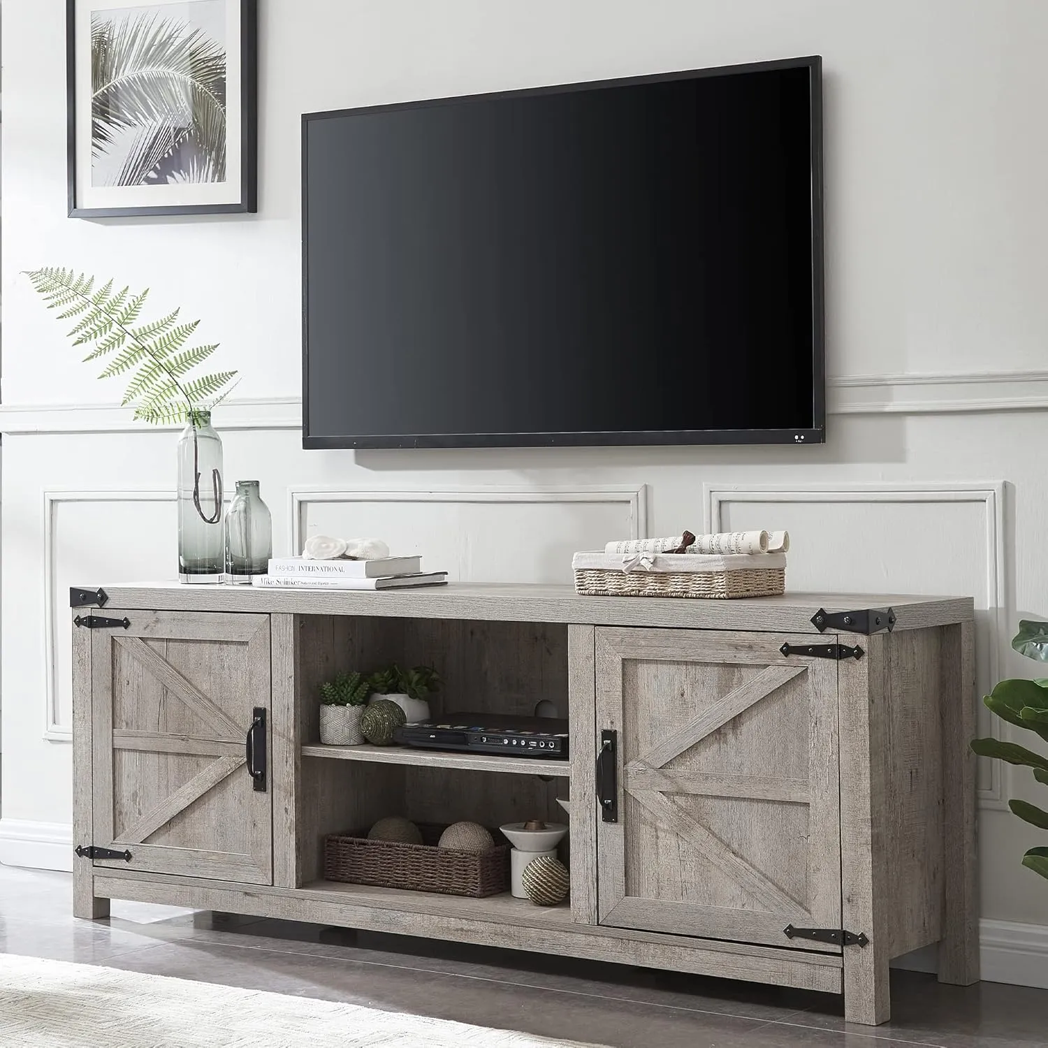 T4TREAM Farmhouse TV Stand for TVs Up to 75 inches, Wood Barn Door Media Television Console Table with Storage Cabinets, Easy Assembly Modern Entertainment Center for Living Room, Grey Wash