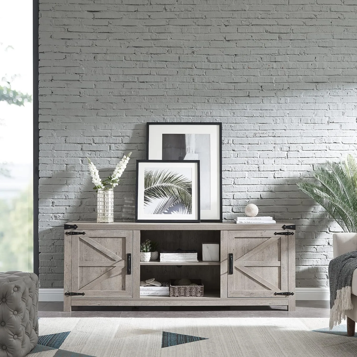 T4TREAM Farmhouse TV Stand for TVs Up to 75 inches, Wood Barn Door Media Television Console Table with Storage Cabinets, Easy Assembly Modern Entertainment Center for Living Room, Grey Wash