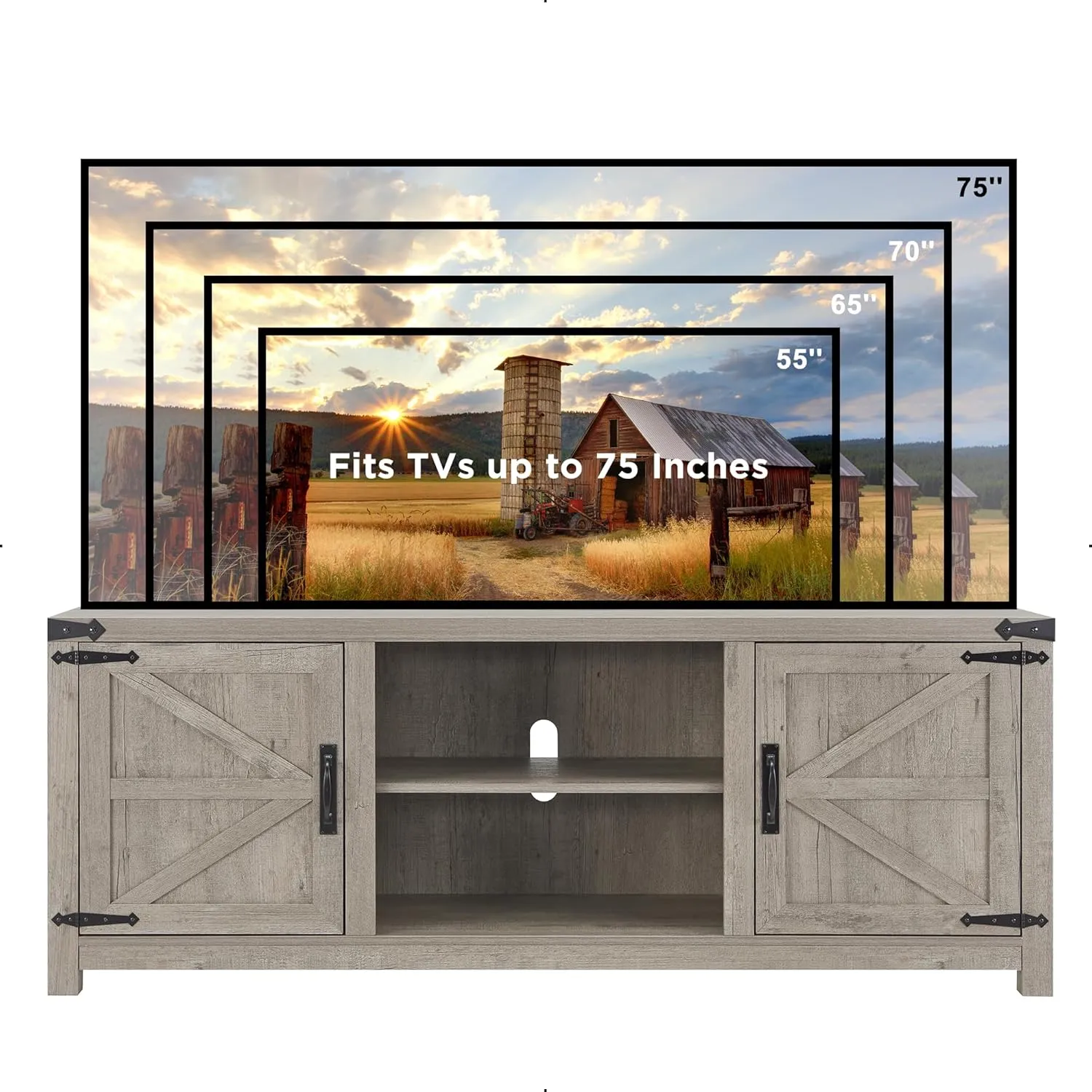 T4TREAM Farmhouse TV Stand for TVs Up to 75 inches, Wood Barn Door Media Television Console Table with Storage Cabinets, Easy Assembly Modern Entertainment Center for Living Room, Grey Wash