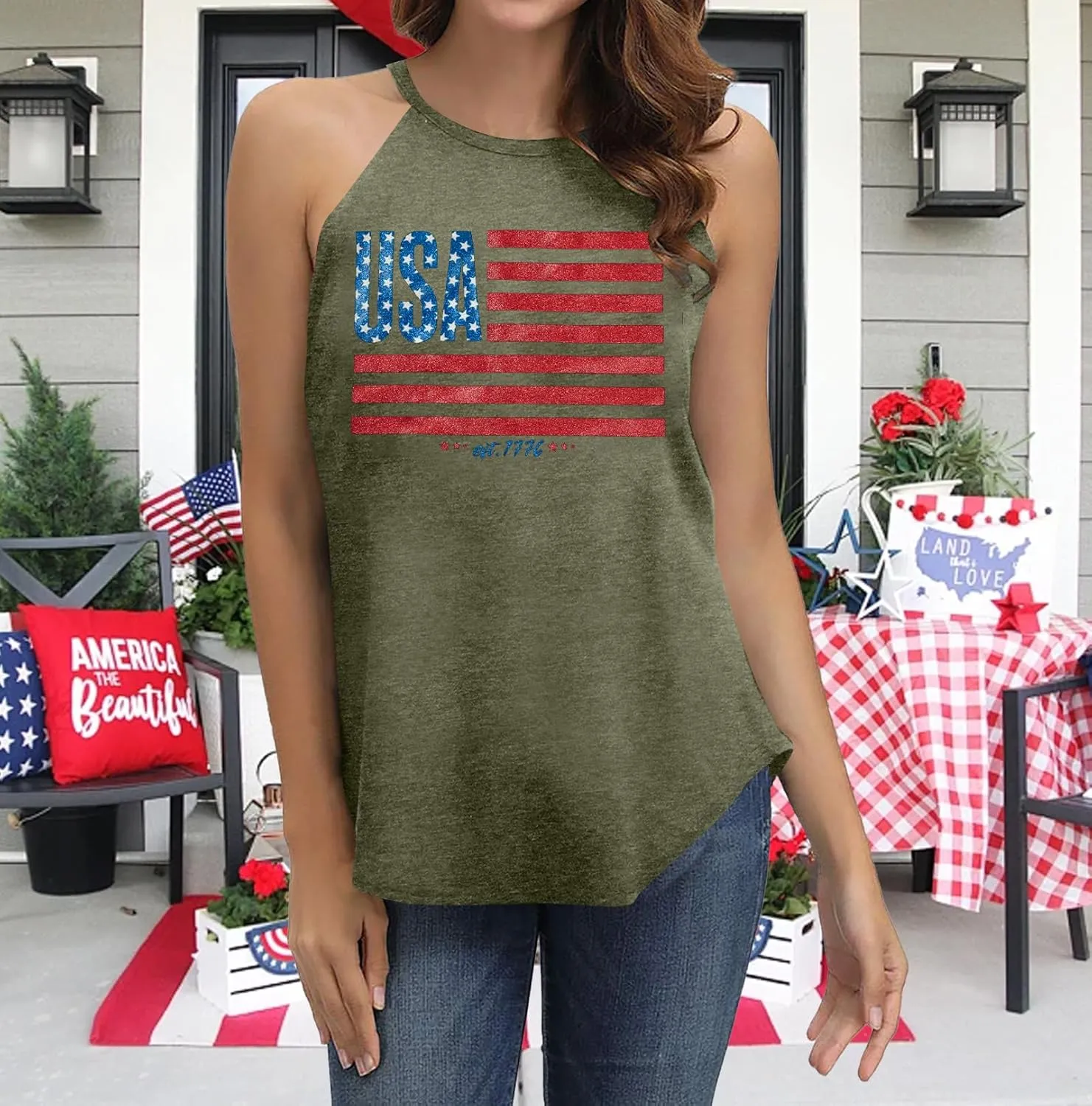 TAOHONG USA Flag Tank Top Women Halter Sleeveless Tops Patriotic 4th of July Shirts Distressed Graphic Summer Racerback Vest