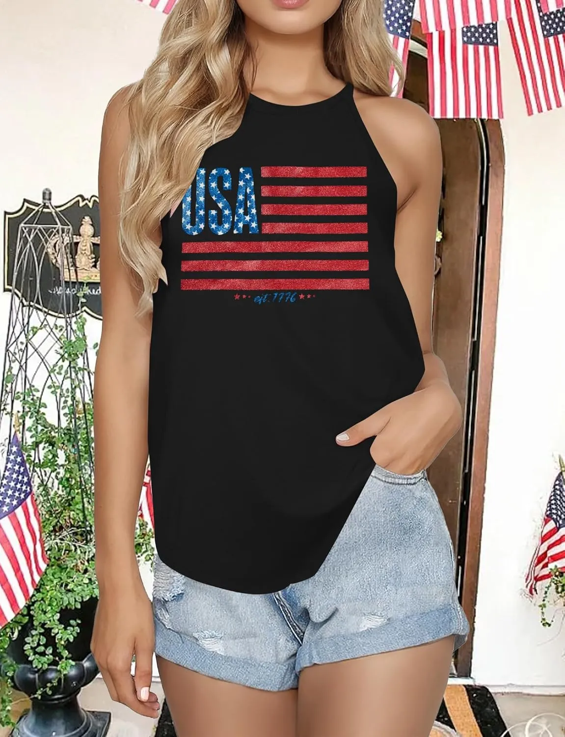 TAOHONG USA Flag Tank Top Women Halter Sleeveless Tops Patriotic 4th of July Shirts Distressed Graphic Summer Racerback Vest
