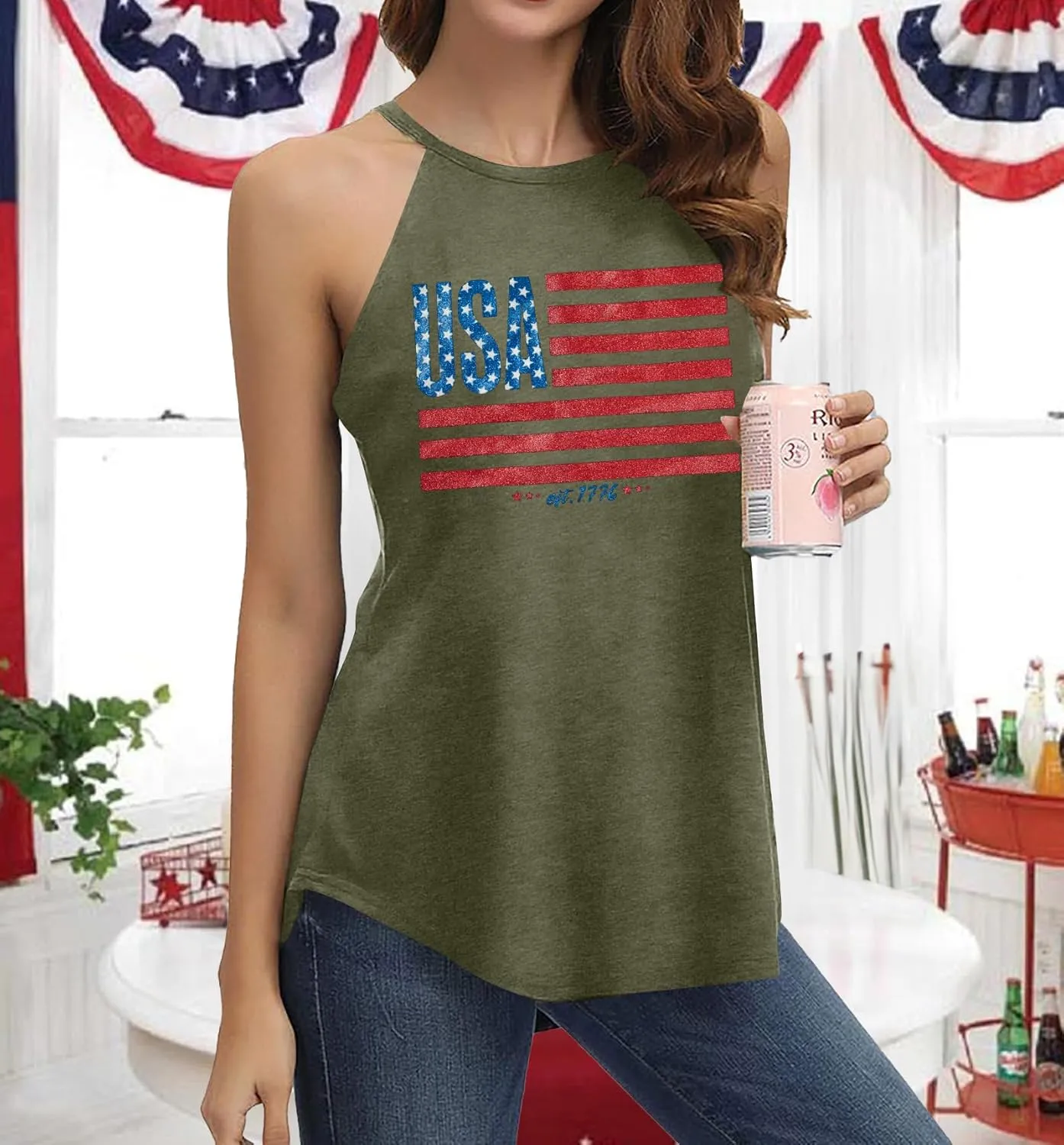 TAOHONG USA Flag Tank Top Women Halter Sleeveless Tops Patriotic 4th of July Shirts Distressed Graphic Summer Racerback Vest