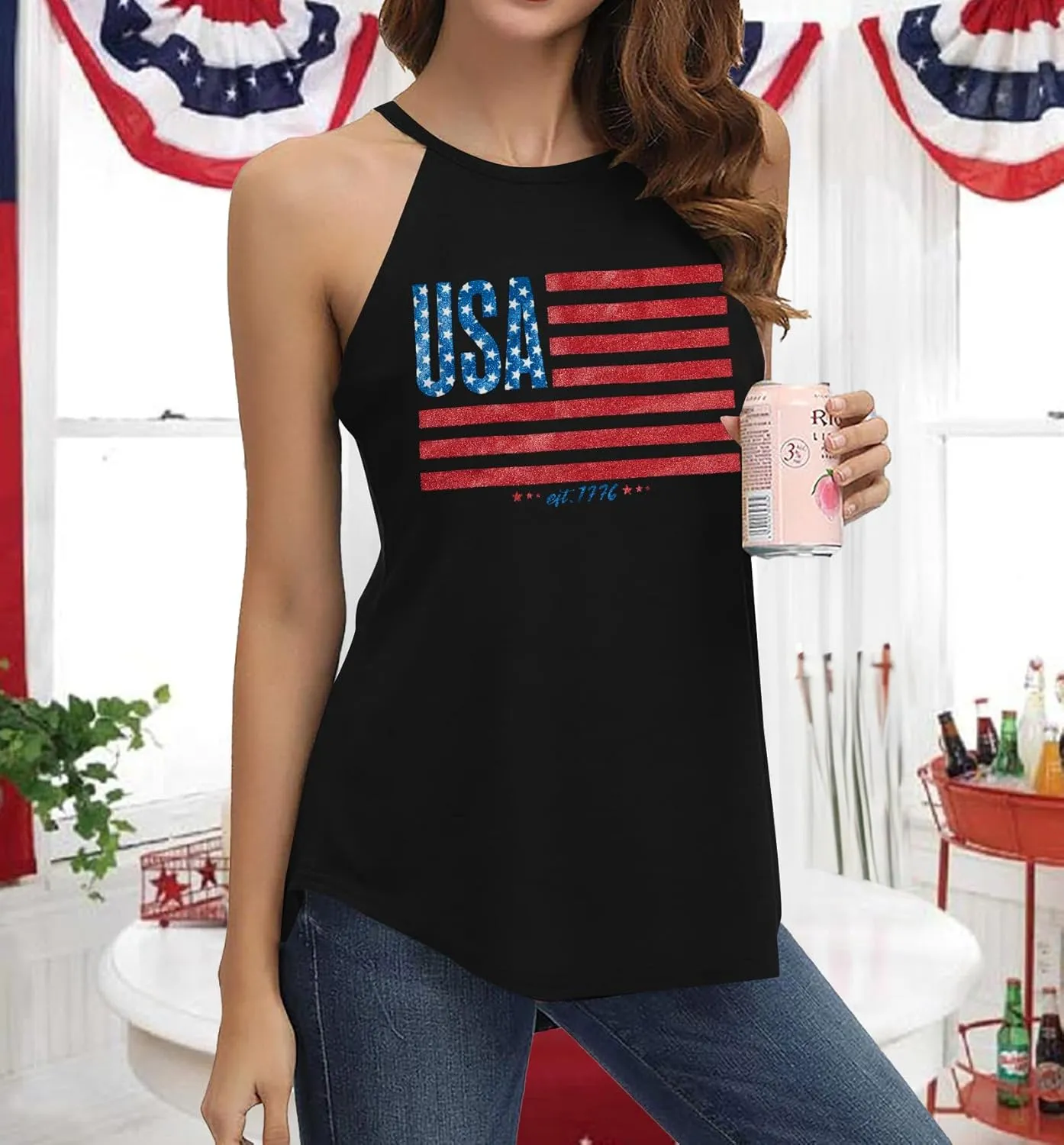 TAOHONG USA Flag Tank Top Women Halter Sleeveless Tops Patriotic 4th of July Shirts Distressed Graphic Summer Racerback Vest