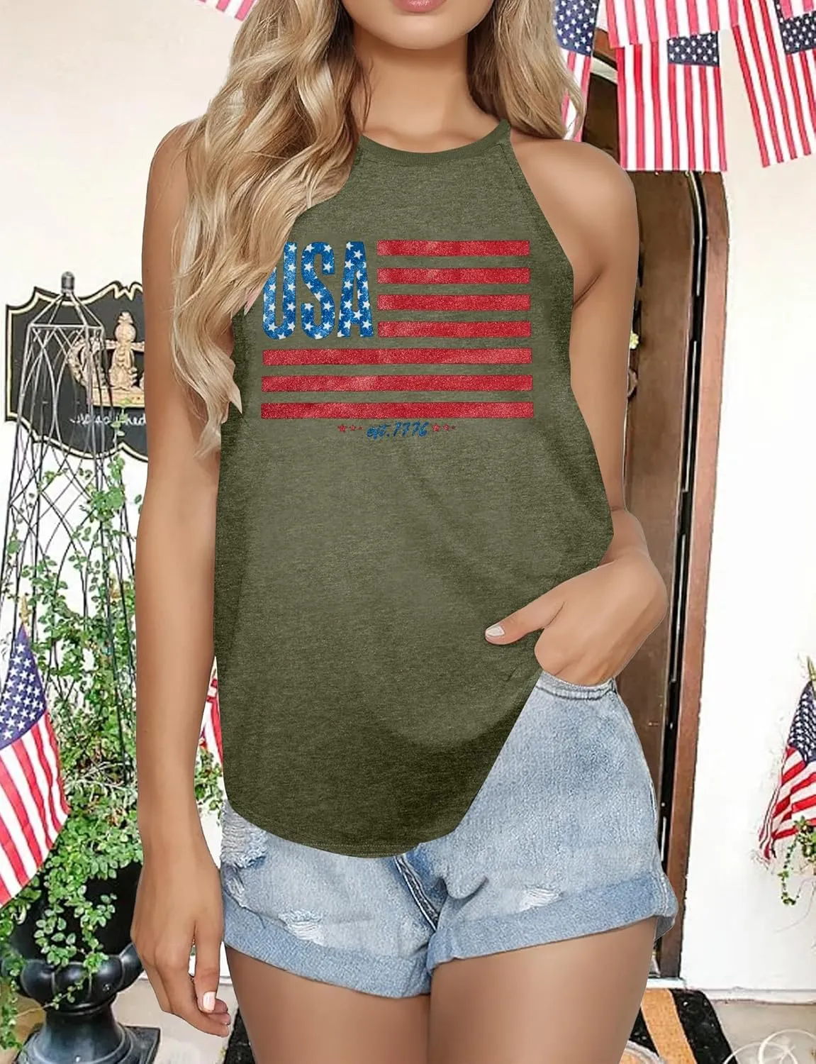 TAOHONG USA Flag Tank Top Women Halter Sleeveless Tops Patriotic 4th of July Shirts Distressed Graphic Summer Racerback Vest