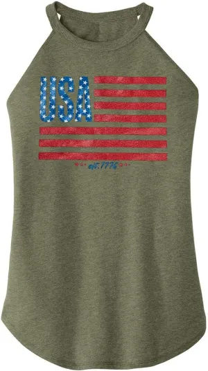 TAOHONG USA Flag Tank Top Women Halter Sleeveless Tops Patriotic 4th of July Shirts Distressed Graphic Summer Racerback Vest