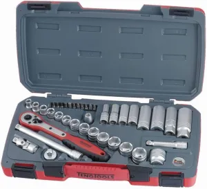 Teng Tools 39 Piece 3/8 Inch Drive 6 Point Metric Regular/Shallow & Deep Socket Set - T3839, Silver