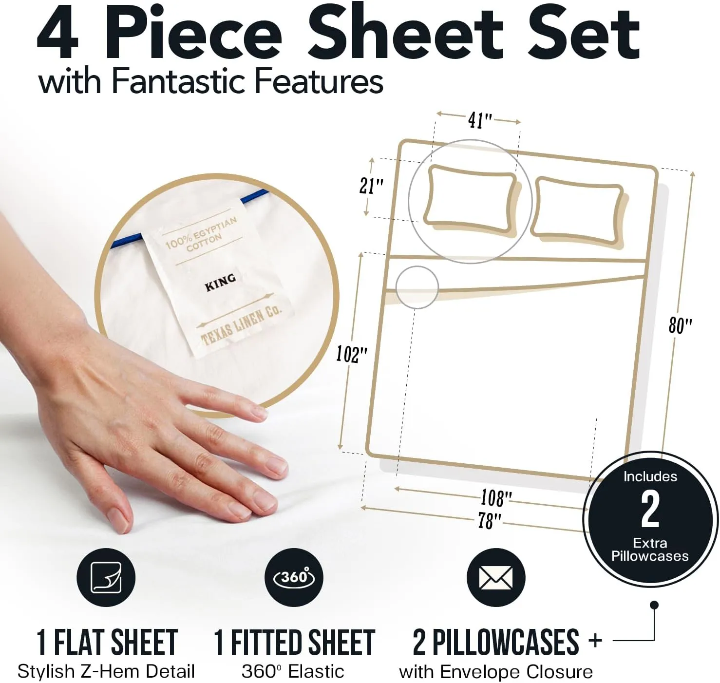 TEXAS LINEN CO. 100% Egyptian Cotton Sheets King Size - 1500 Thread Count King Size Sheets Set, 4 PC Luxury Bedsheet (Light Blue), Soft, Cooling, 17" Deep Pocket Sateen Weave Bedsheet Set