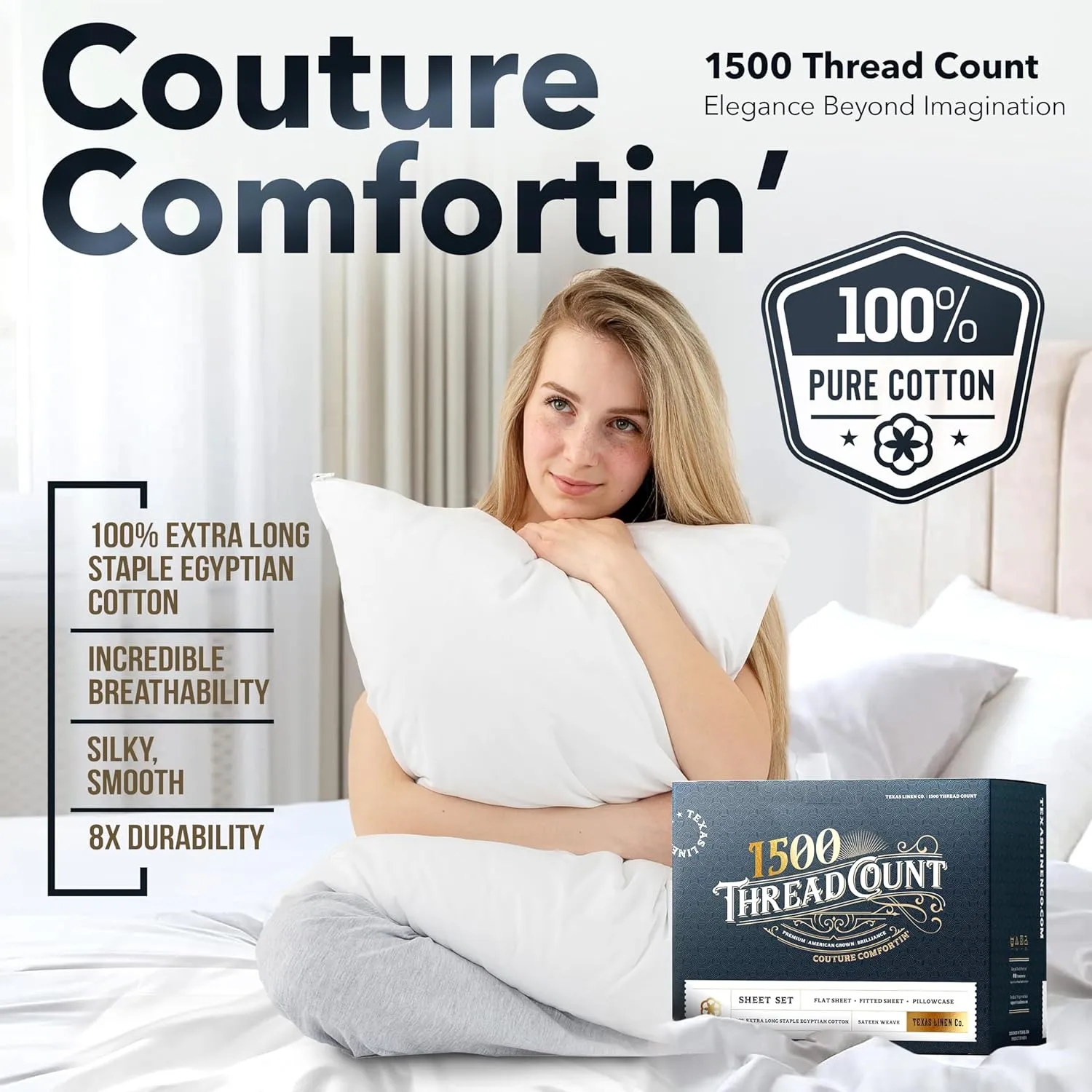 TEXAS LINEN CO. 100% Egyptian Cotton Sheets King Size - 1500 Thread Count King Size Sheets Set, 4 PC Luxury Bedsheet (Light Blue), Soft, Cooling, 17" Deep Pocket Sateen Weave Bedsheet Set