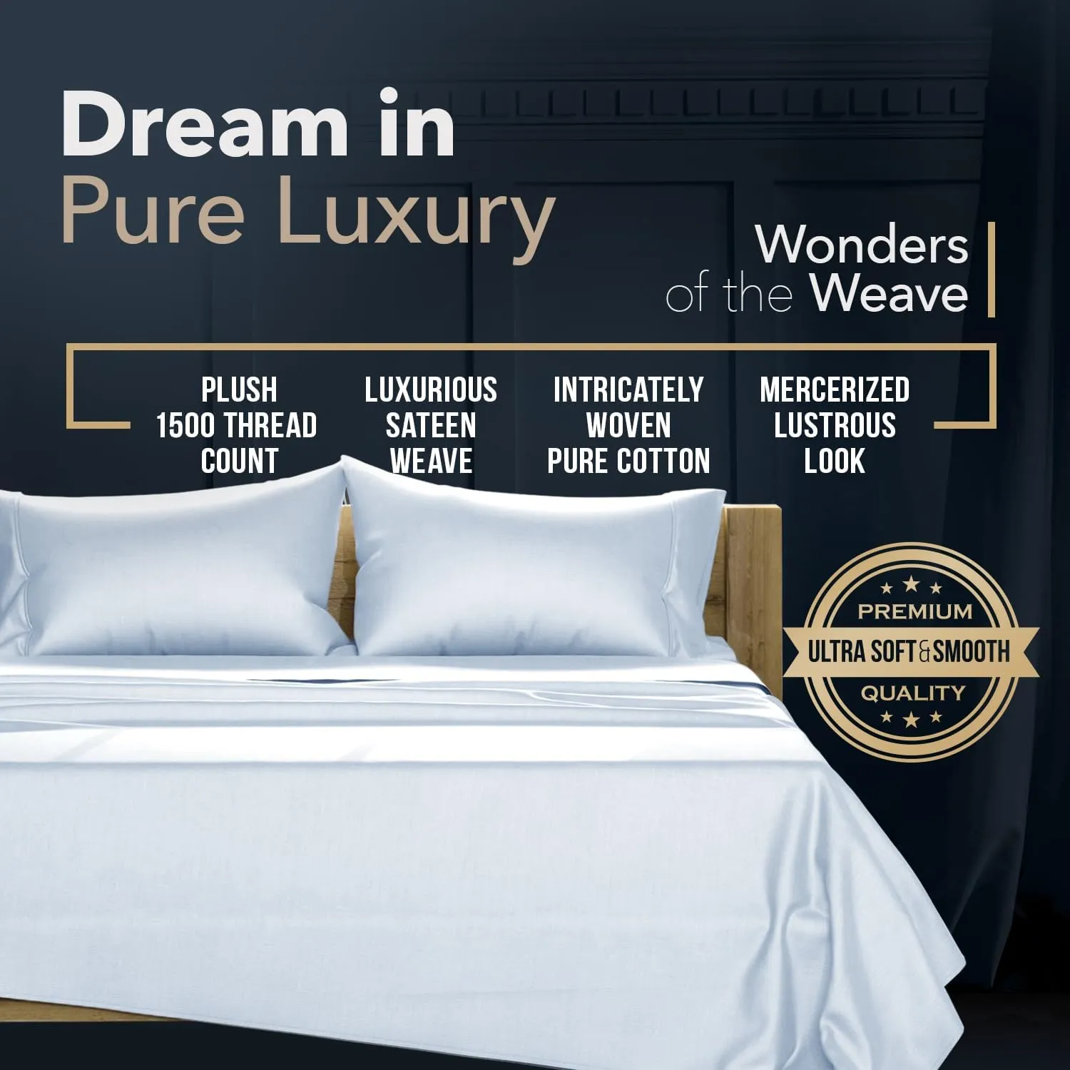 TEXAS LINEN CO. 100% Egyptian Cotton Sheets King Size - 1500 Thread Count King Size Sheets Set, 4 PC Luxury Bedsheet (Light Blue), Soft, Cooling, 17" Deep Pocket Sateen Weave Bedsheet Set