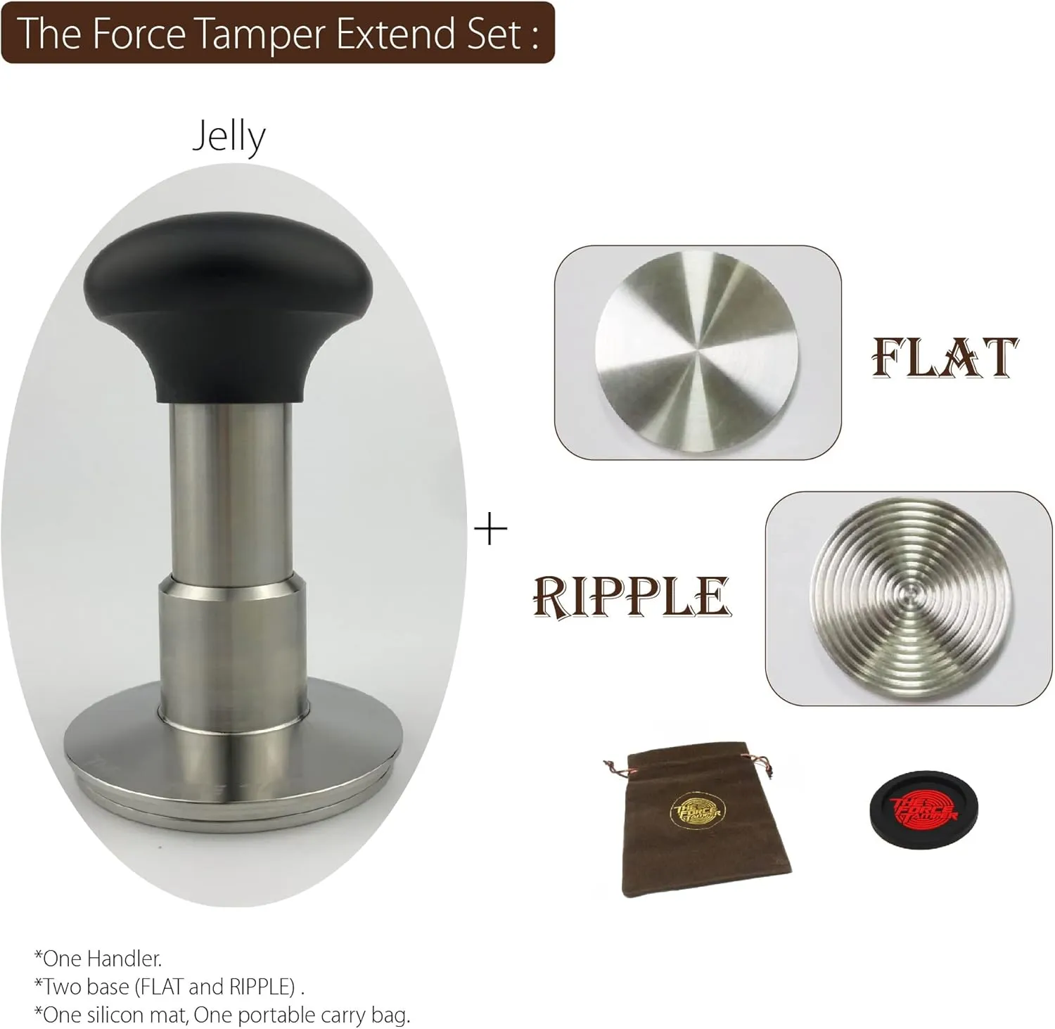 The Force Tamper Automatic Impact Coffee Tamper Adjustable Const Pressure and Autoleveling Extend Set New (Jelly, 58.50mm)