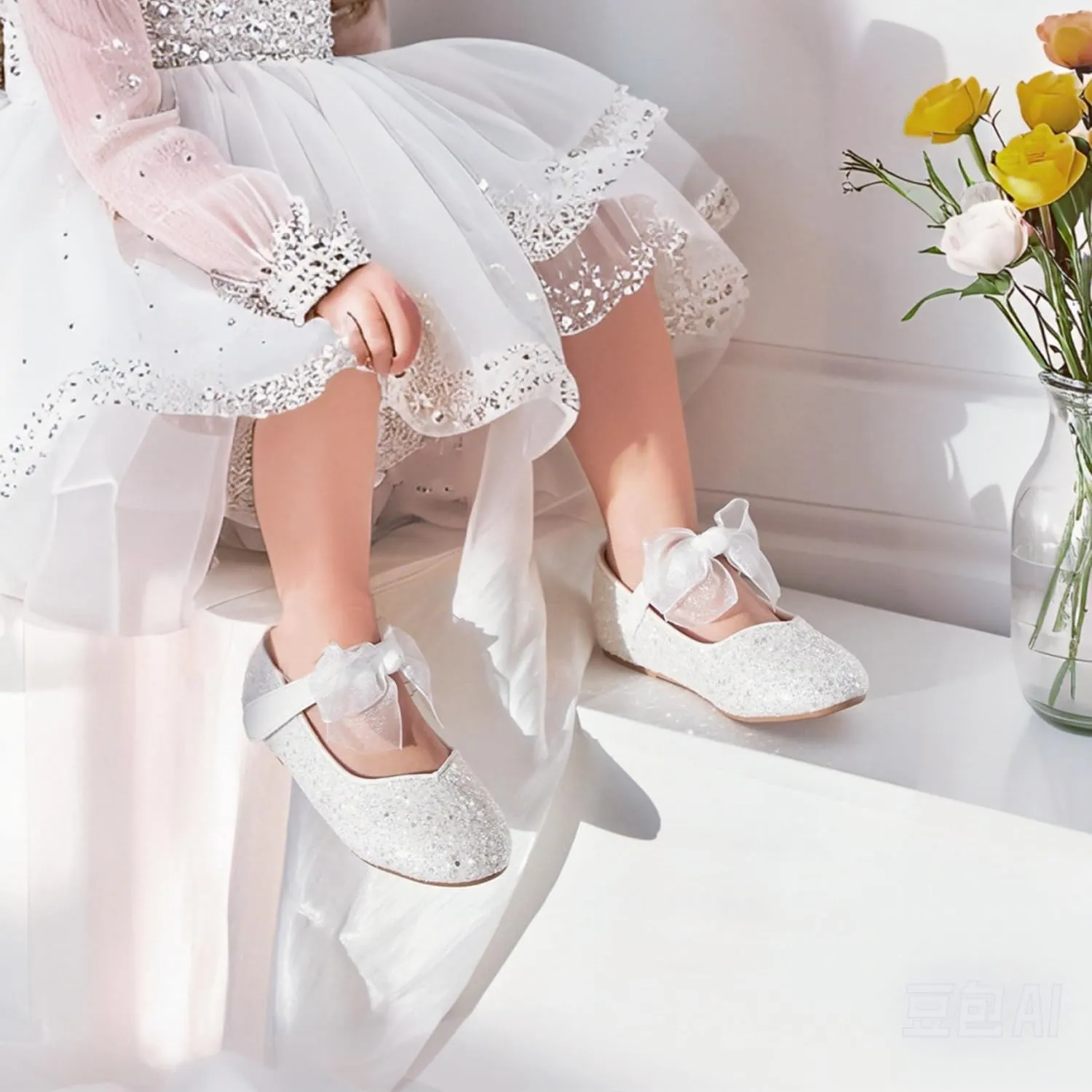 THEE BRON Toddler Dress Shoes Flower Girls Glitter Mary Jane Ballerina Flat Shoes