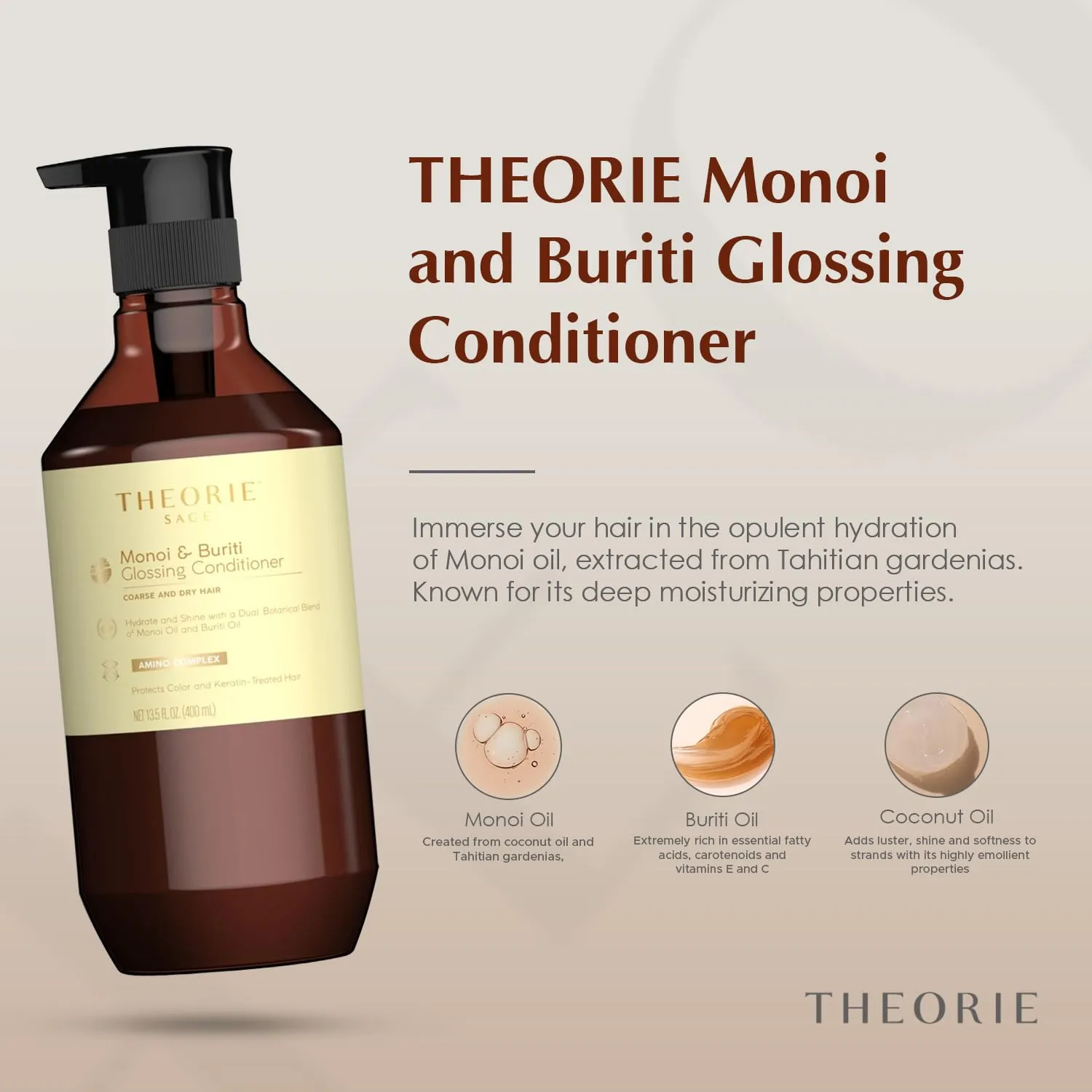Theorie Monoi and Buriti Glossing Conditioner - Hydrate & Shine - Suited for Coarse and Dry Hair - Protects Color & Keratin Treated Hair, Pump Bottle 400mL