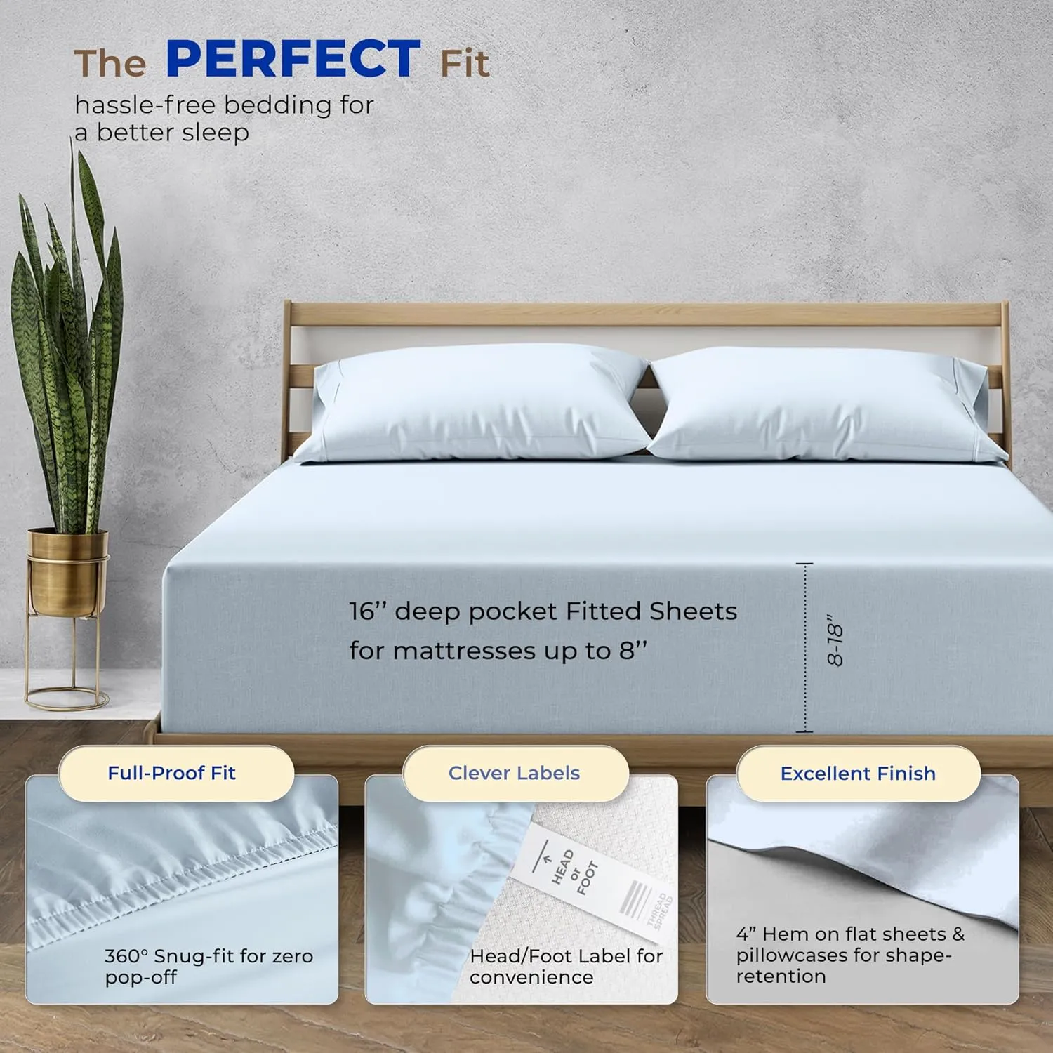 THREAD SPREAD 100% Pure Egyptian Cotton Sheets Queen Size - 1000 High Thread Count Sheets Queen, 4 PC Luxury Hotel Sheets for Queen Bed, 16" Deep Pocket Sateen Soft Cooling Bedding Sets - Light Blue
