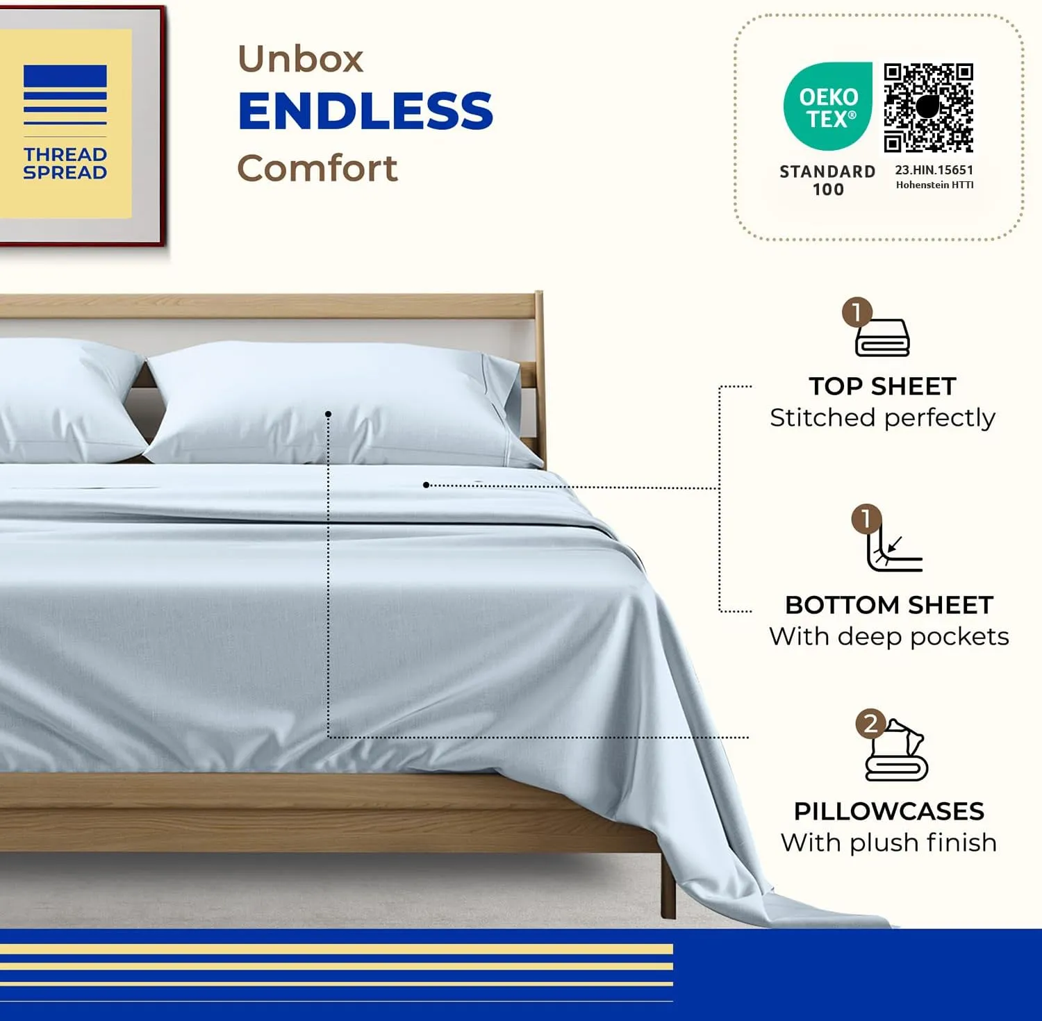 THREAD SPREAD 100% Pure Egyptian Cotton Sheets Queen Size - 1000 High Thread Count Sheets Queen, 4 PC Luxury Hotel Sheets for Queen Bed, 16" Deep Pocket Sateen Soft Cooling Bedding Sets - Light Blue