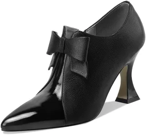 TinaCus Women's Genuine Leather Handmade Sexy High Spool Heel Patent Pointed Toe Side Zipper Pump Shoes with Cute Bow