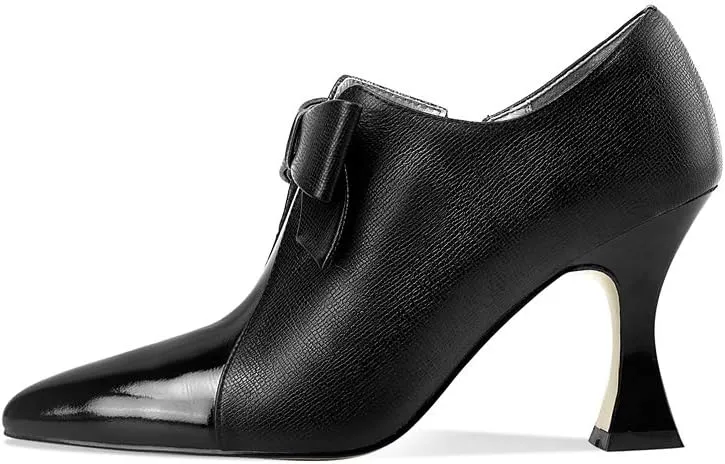 TinaCus Women's Genuine Leather Handmade Sexy High Spool Heel Patent Pointed Toe Side Zipper Pump Shoes with Cute Bow