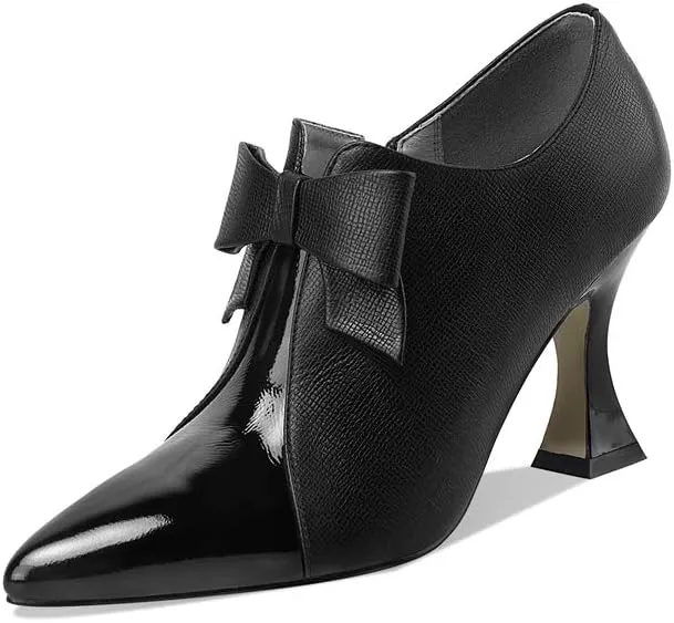 TinaCus Women's Genuine Leather Handmade Sexy High Spool Heel Patent Pointed Toe Side Zipper Pump Shoes with Cute Bow